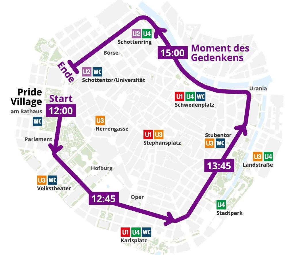 Die Demo-Route der Wiener Regenbogenparade am 13. Juni 2026.