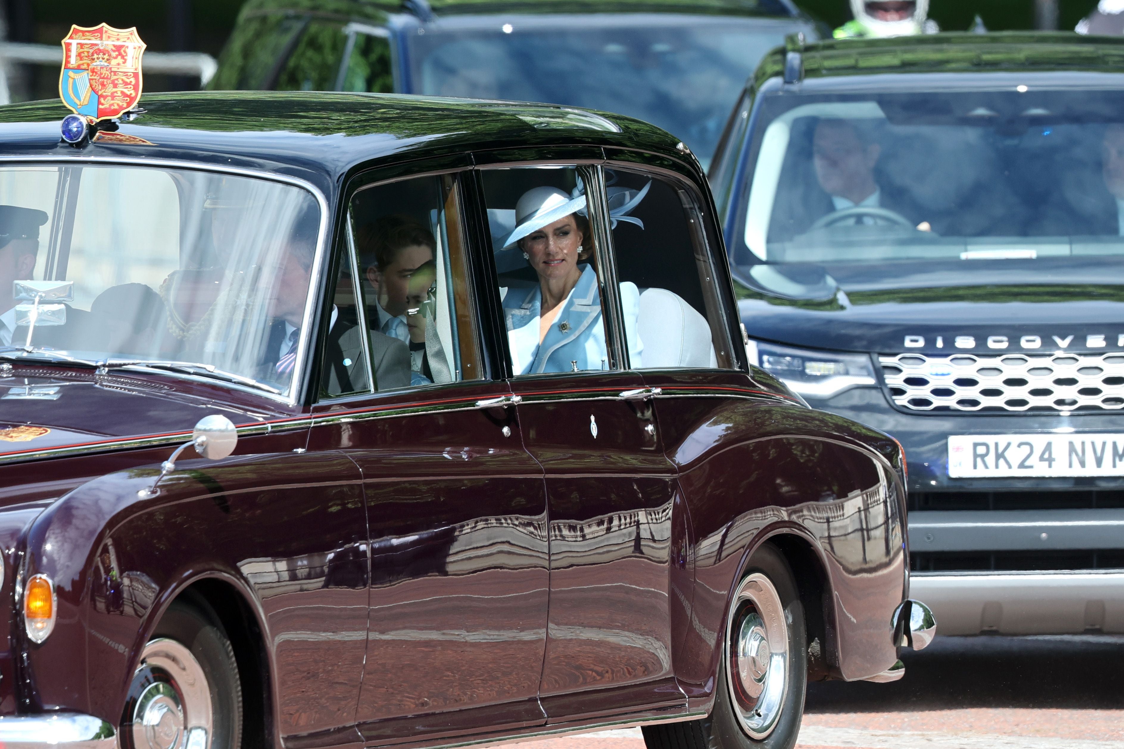 LONDON, ENGLAND - JUNE 13: (L-R) Princess Charlotte of Wales, Prince William, Prince of Wales, Prince George of Wales and Catherine, Princess of Wales during Trooping The Colour on June 13, 2026 in London, England. Trooping The Colour is a ceremonial parade celebrating the official birthday of the British Monarch. The event features over 1400 soldiers of the Household Division and King's Troop Royal Horse Artillery, including over 400 musicians from the Massed Bands. (Photo by Chris Jackson/Getty Images)