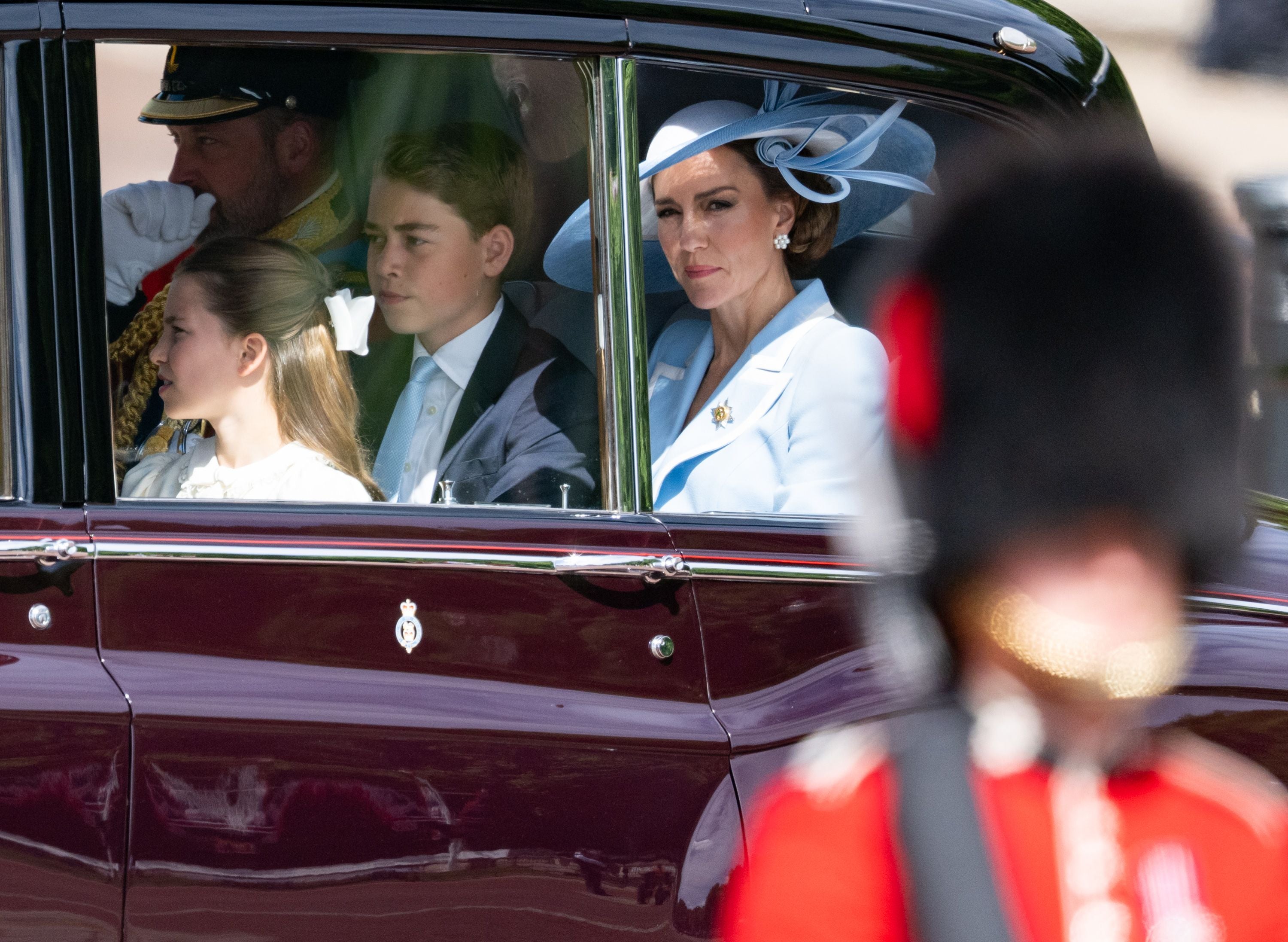 LONDON, ENGLAND - JUNE 13: Prince William, Prince of Wales, Princess Charlotte of Wales, Prince George of Wales and Catherine, Princess of Wales arrive by car at Trooping The Colour 2026 on June 13, 2026 in London, England. (Photo by Samir Hussein/WireImage)
