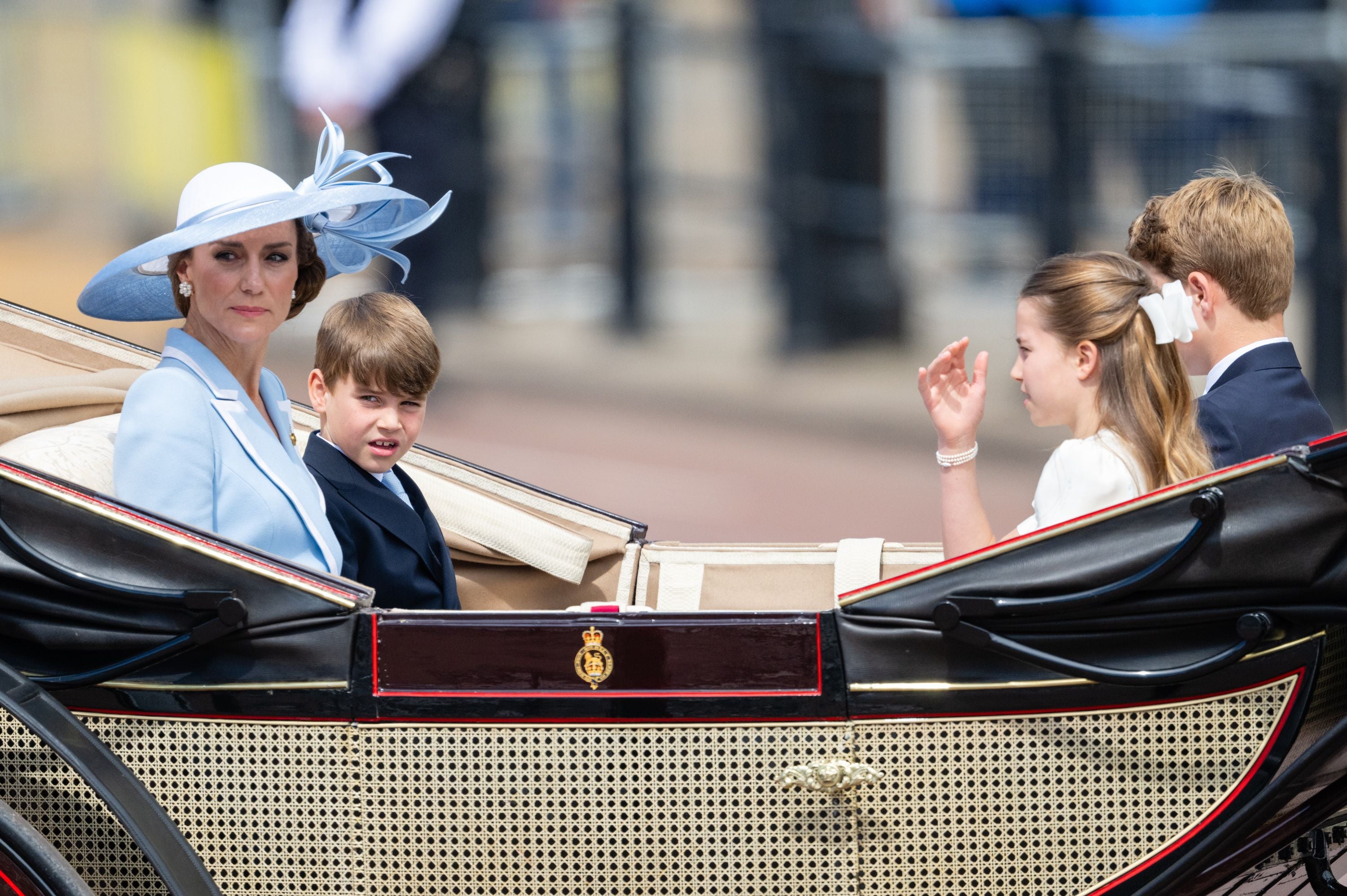 LONDON, ENGLAND - JUNE 13: Catherine, Princess of Wales, Prince Louis of Wales, Princess Charlotte of Wales and Prince George of Wales travel by carriage duringTrooping The Colour 2026 on June 13, 2026 in London, England. (Photo by Samir Hussein/WireImage)