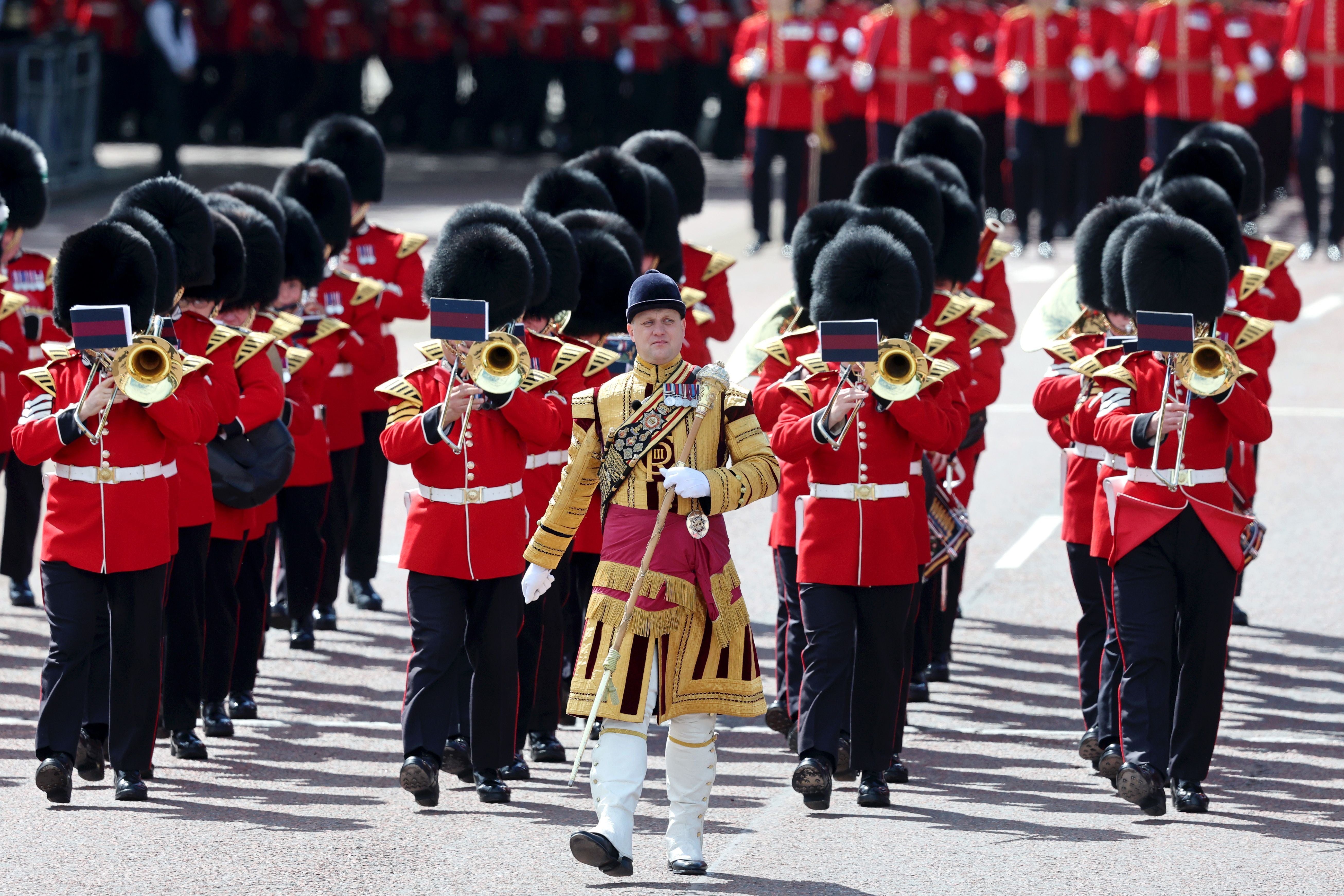 LONDON, ENGLAND - JUNE 13: Musicians from the Massed Bands of the Household Division parade during Trooping The Colour on June 13, 2026 in London, England. Trooping The Colour is a ceremonial parade celebrating the official birthday of the British Monarch. The event features over 1400 soldiers of the Household Division and King's Troop Royal Horse Artillery, including over 400 musicians from the Massed Bands. (Photo by Chris Jackson/Getty Images)