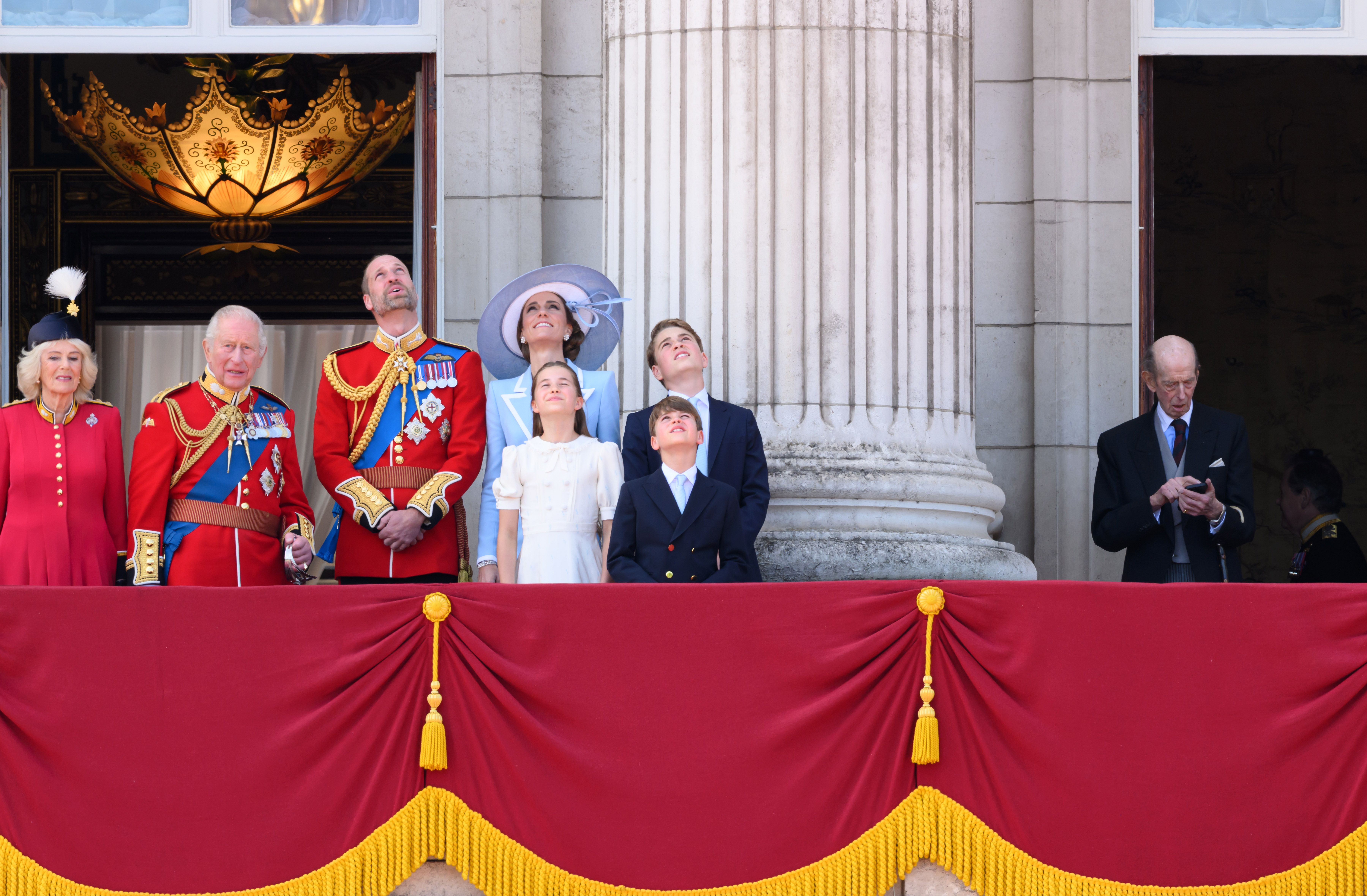 LONDON, ENGLAND - JUNE 13: (L-R) Queen Camilla, King Charles III, Prince William, Prince of Wales, Princess Charlotte of Wales, Catherine, Princess of Wales, Prince George of Wales, Prince Louis of Wales and Prince Edward, Duke of Kent during Trooping The Colour on June 13, 2026 in London, England. Trooping The Colour is a ceremonial parade celebrating the official birthday of the British Monarch. The event features over 1400 soldiers of the Household Division and King's Troop Royal Horse Artillery, including over 400 musicians from the Massed Bands. (Photo by Karwai Tang/WireImage)