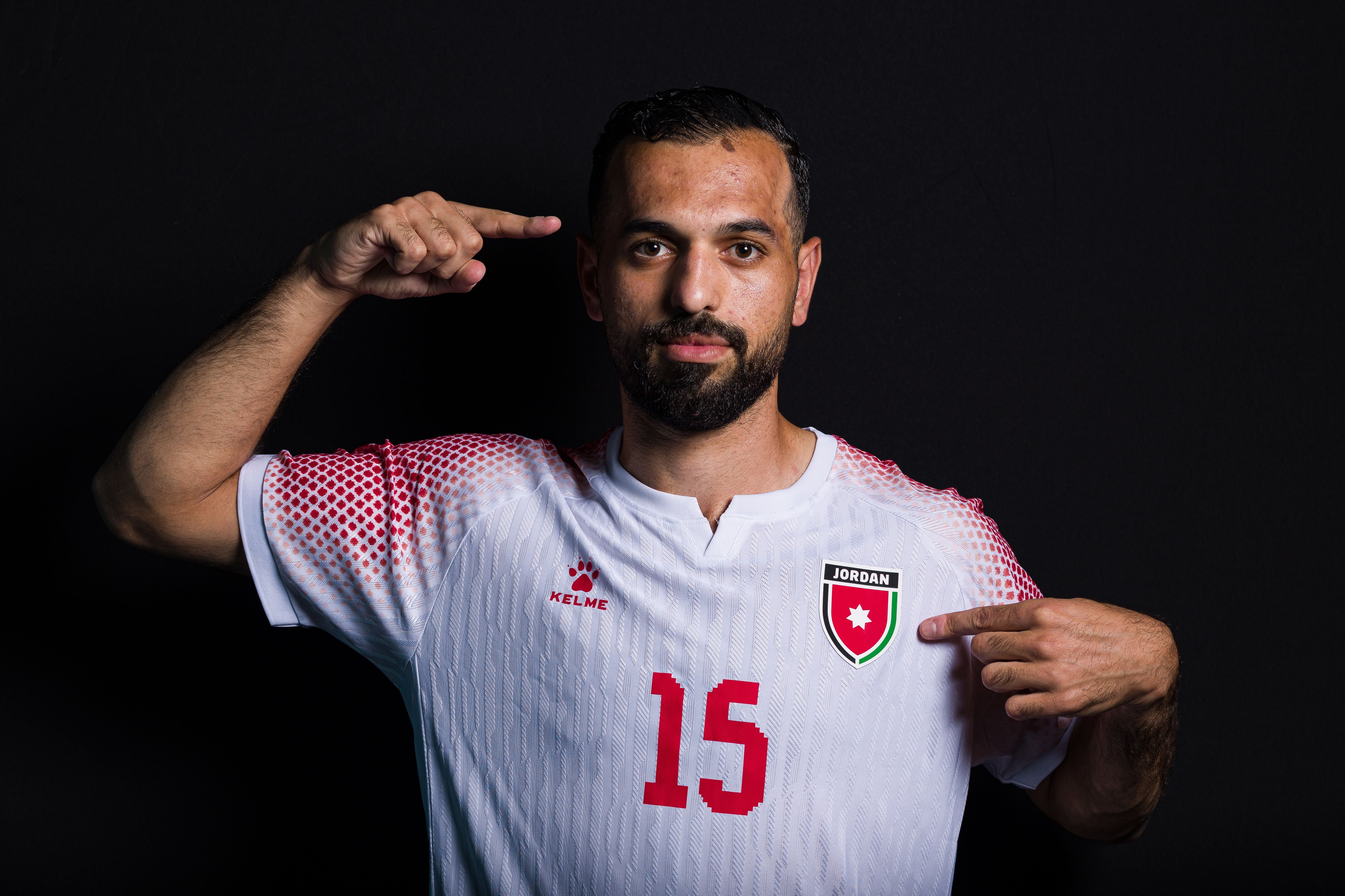 PORTLAND, OREGON - JUNE 12: (EXCLUSIVE COVERAGE) Ibrahim Sadeh #15 of Jordan poses for portrait during the official FIFA World Cup 2026 portrait session on June 12, 2026 in Portland, Oregon. (Photo by Jeff Vinnick - FIFA/FIFA via Getty Images)