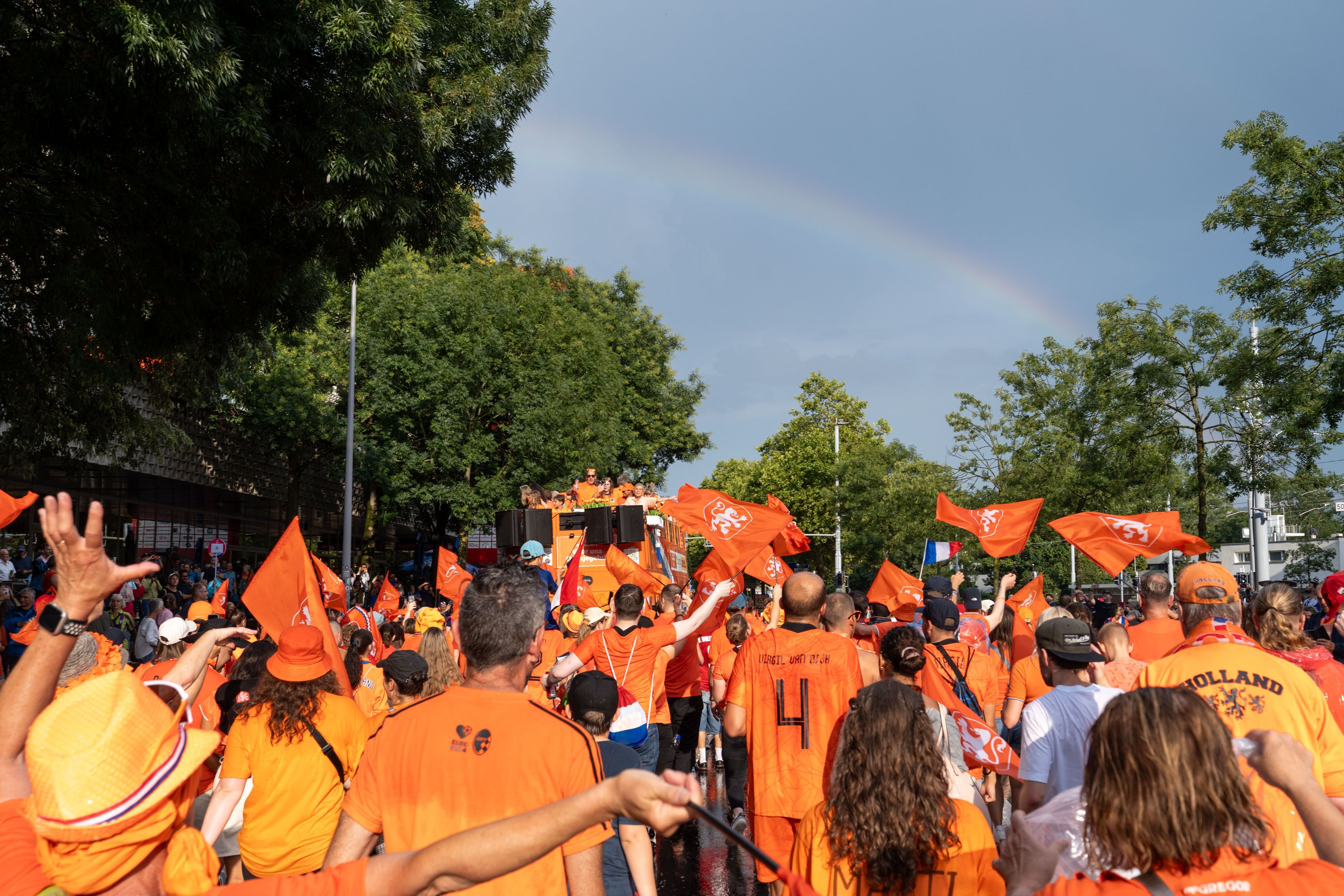 BASEL, SWITZERLAND - JULY 13: Fans of the Netherlands participate in the Fan Walk before the UEFA Women's EURO 2025 Group D match between Netherlands and France at St. Jakob-Park on July 13, 2025 in Basel, Switzerland. (Photo by Noemi Llamas/Sports Press Photo/Getty Images)
