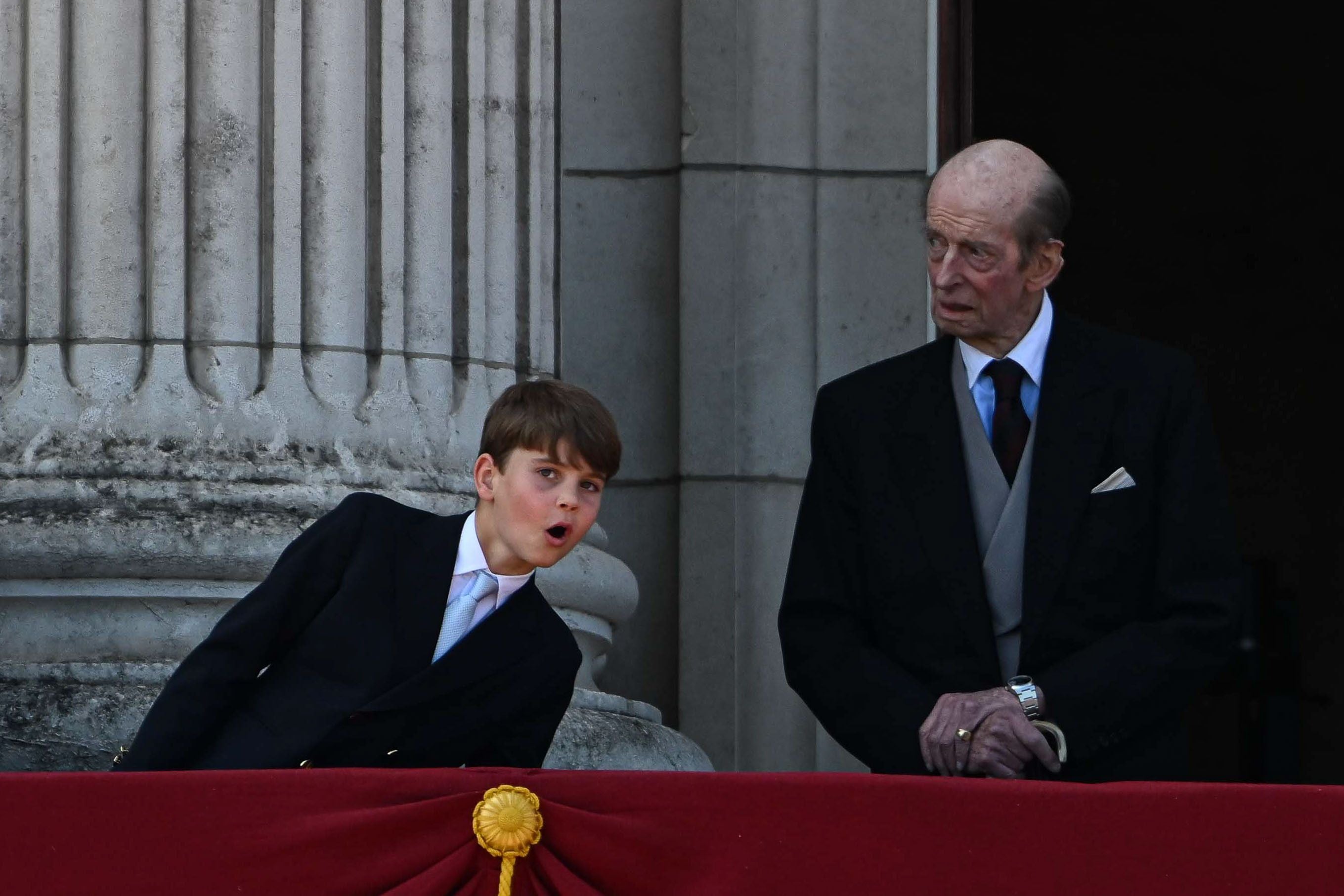 LONDON, UNITED KINGDOM - JUNE 13: Prince Louis (L) and Prince Edward, Duke of Kent (R) greet people following the Trooping the Colour ceremony, held as part of the official birthday celebrations for the king, on the balcony of Buckingham Palace in London, United Kingdom on June 13, 2026. (Photo by RaÅid Necati AslÄ±m/Anadolu via Getty Images)