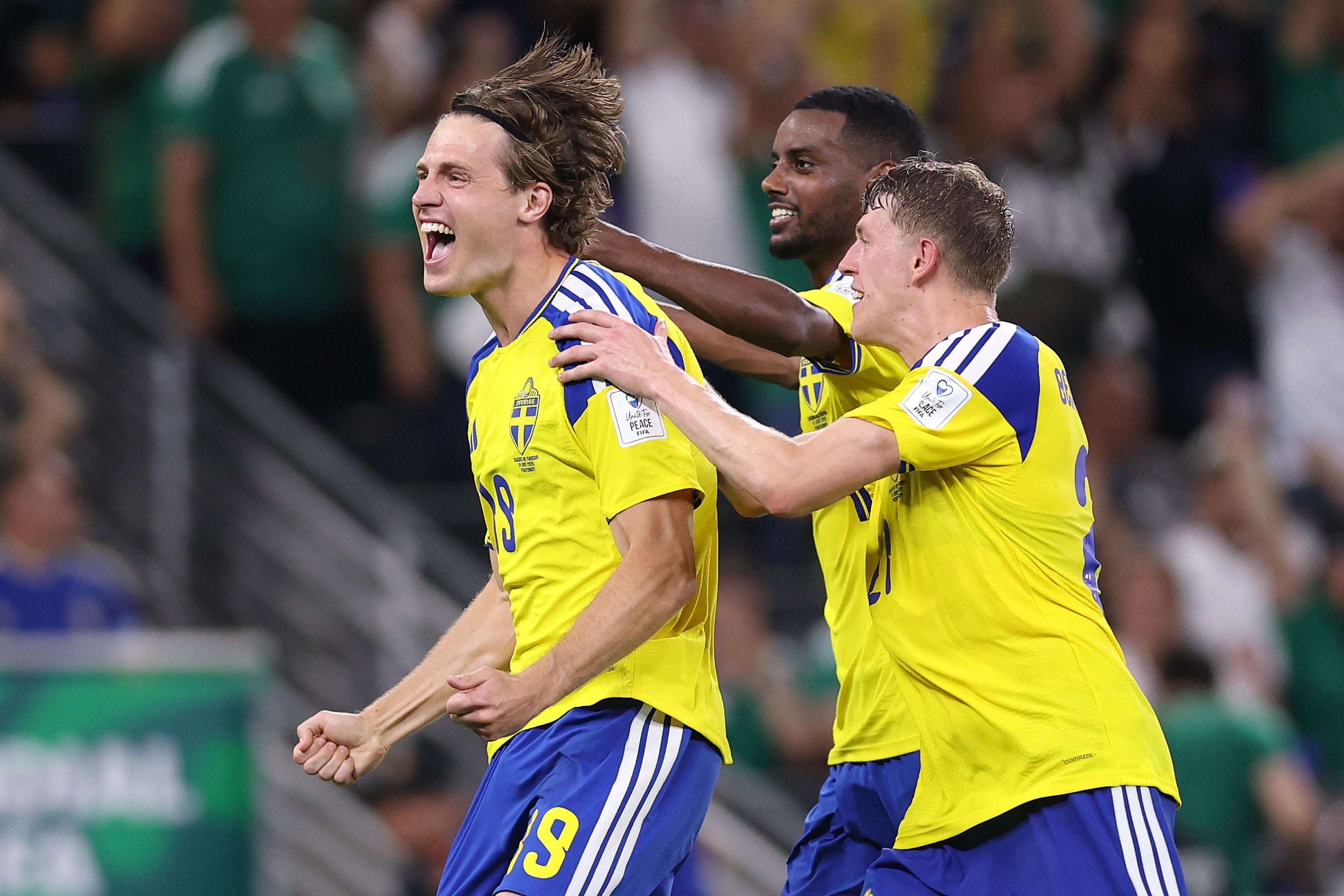 MONTERREY, MEXICO - JUNE 14: Mattias Svanberg #19 of Sweden celebrates scoring his team's fourth goal with teammates Alexander Isak #9 and Alexander Bernhardsson #21 during the FIFA World Cup 2026 Group F match between Sweden and Tunisia at Monterrey Stadium on June 14, 2026 in Monterrey, Mexico. (Photo by Ryan Pierse - FIFA/FIFA via Getty Images)