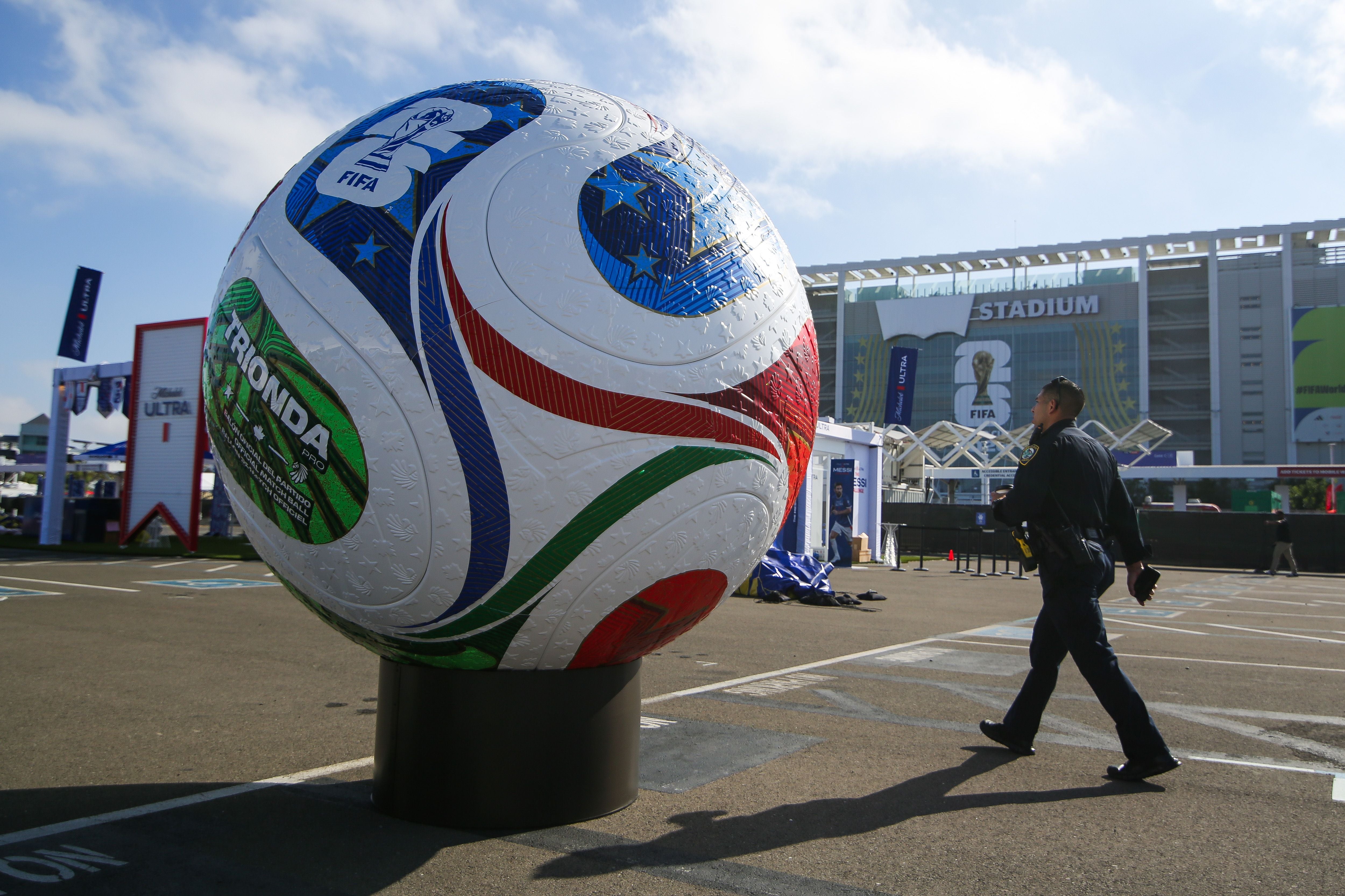 SAN FRANCISCO, CALIFORNIA - JUNE 13: A general view of a soccer ball outside San Francisco Bay Area Stadium before the FIFA World Cup 2026 Group B match between Qatar and Switzerland at San Francisco Bay Area Stadium on June 13, 2026 in San Francisco, California. (Photo by Elysia Su/ISI Photos/ISI Photos via Getty Images)
