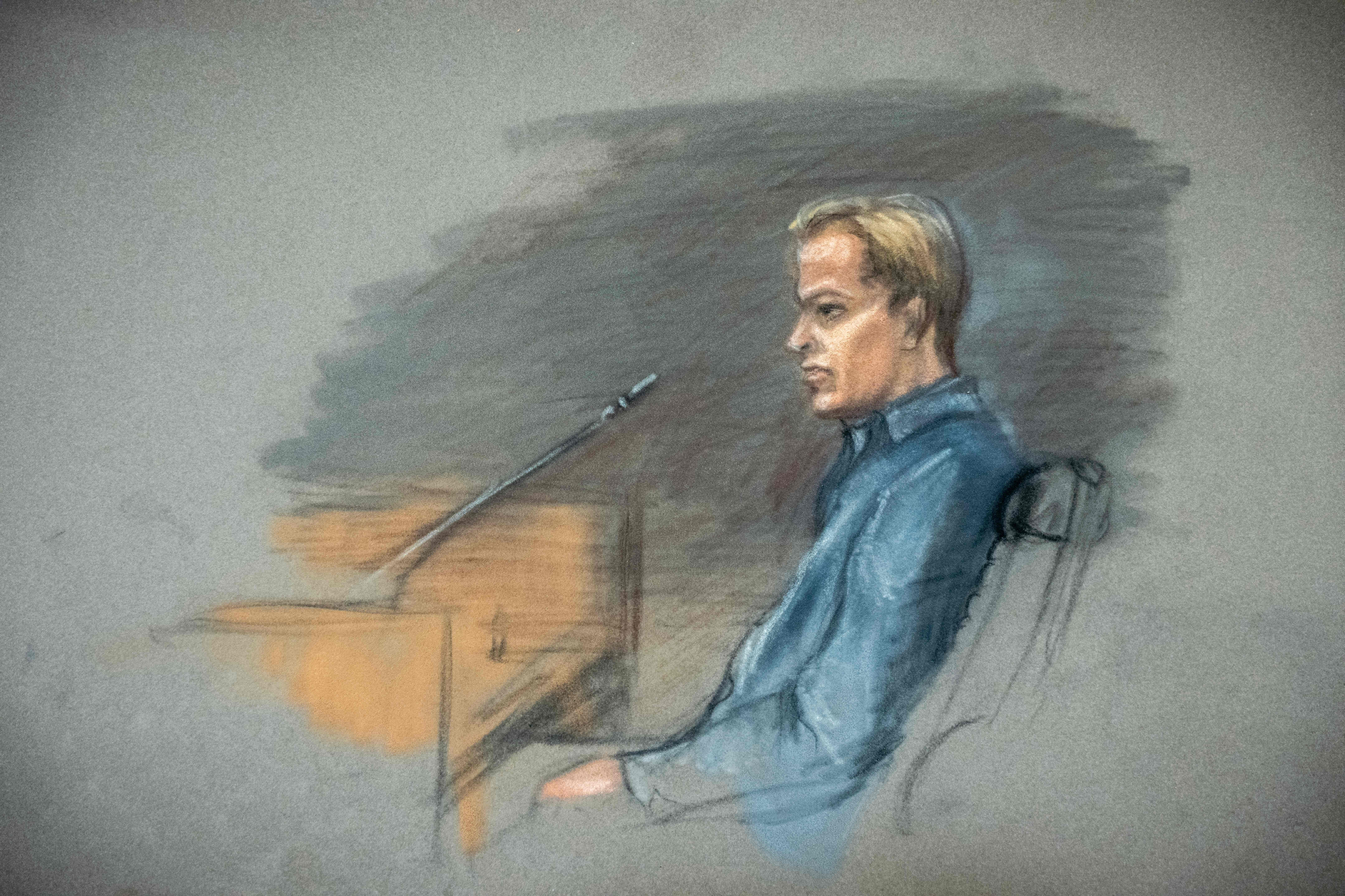 (FILES) A court sketch depicts Marius Borg Hoiby, son of Norwegian Crown Princess during the third day of a trial in Oslo at the District Court on February 5, 2026. On trial for rape and assault, Marius Borg Høiby, son of Norway’s Crown Princess, will learn his fate on June 15, 2026 in a case that has tarnished the image of the monarchy. (Photo by Ane Hem / NTB / AFP) / Norway OUT