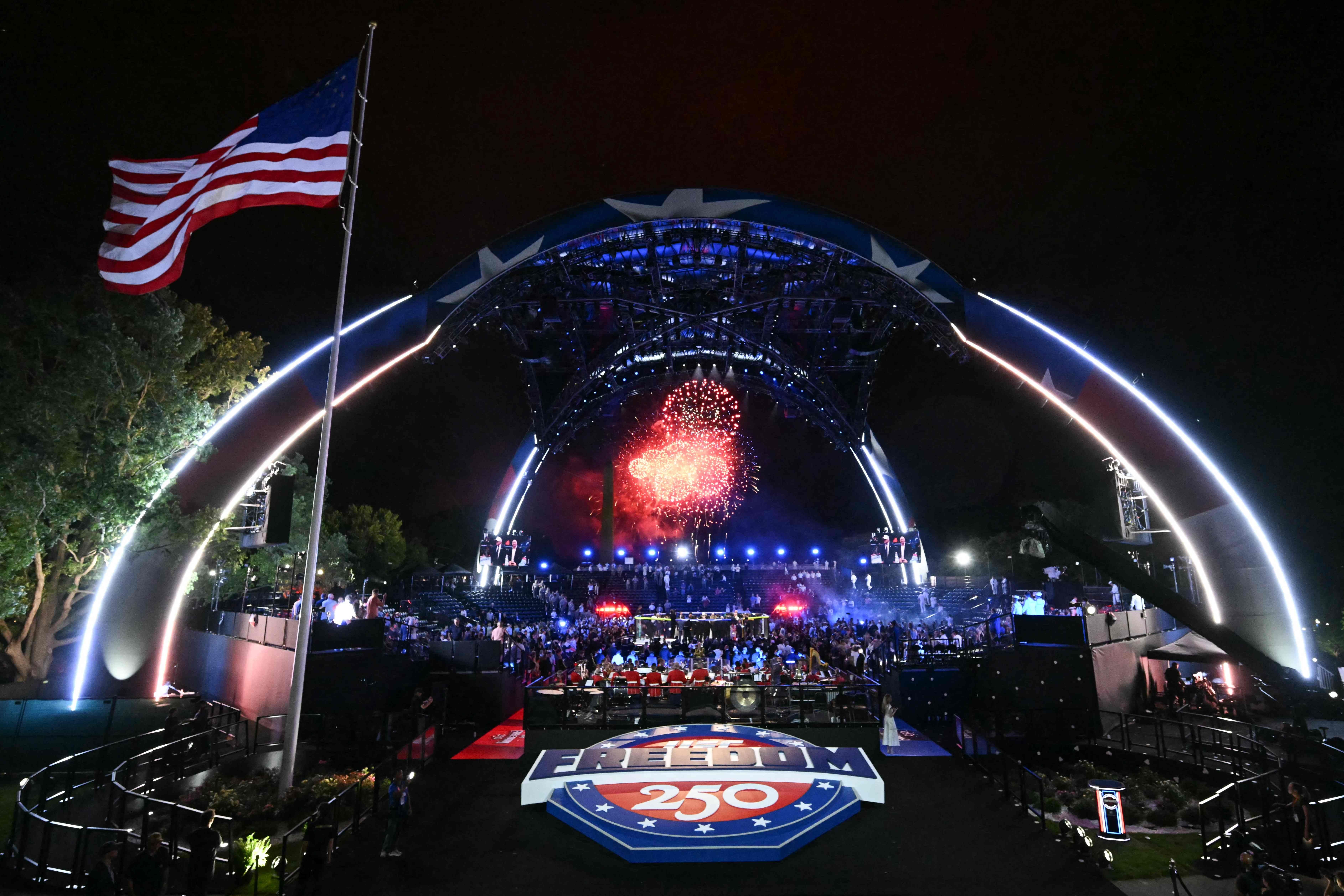 Fireworks go off as America's Justin Gaethje celebrates after defeating Georgia's Ilia Topuria during 'UFC Freedom 250' mixed martial arts event on the South Lawn of the White House in Washington, DC, in the early morning hours of June 15, 2026. (Photo by SAUL LOEB / POOL / AFP)