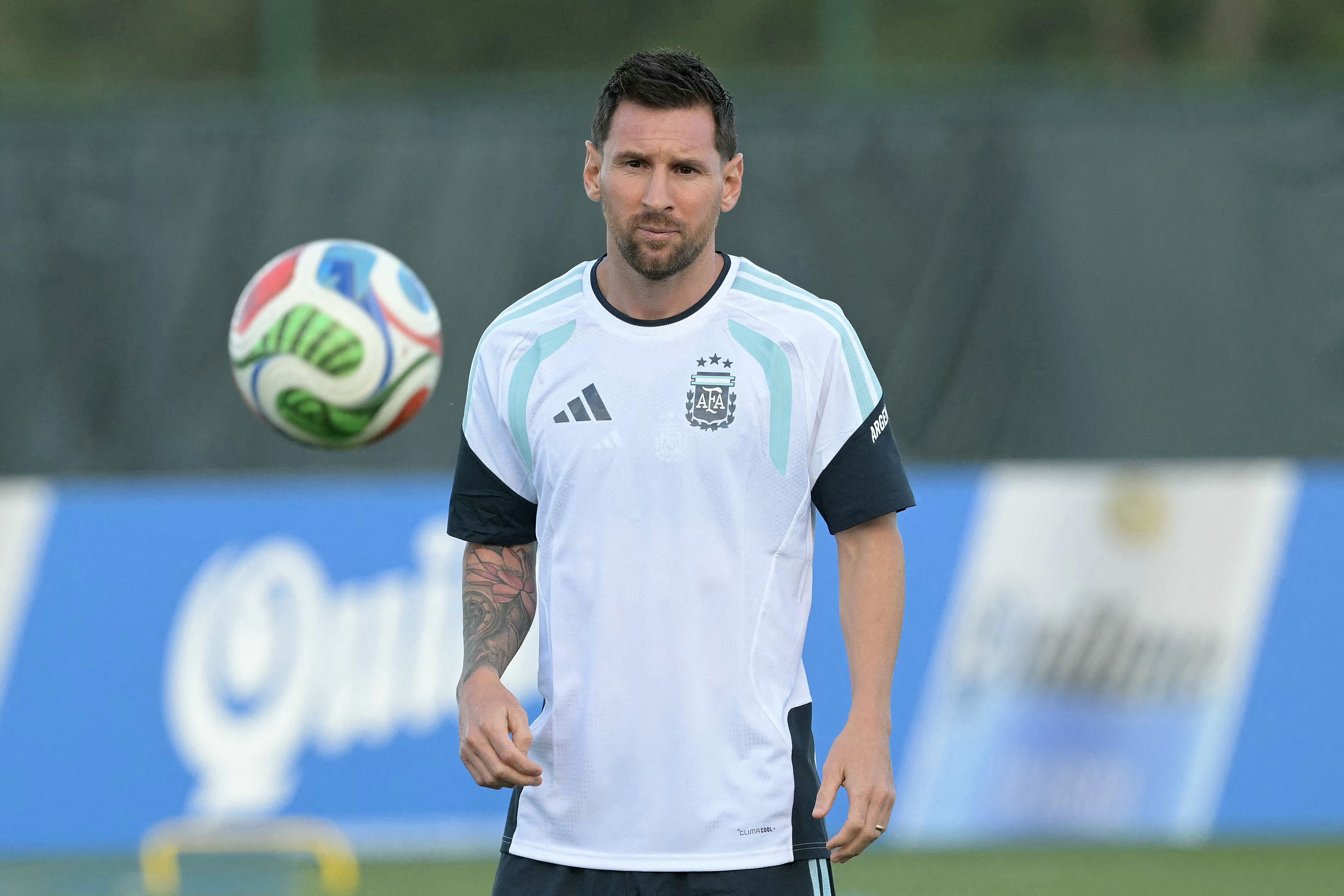 Argentina's forward #10 Lionel Messi eyes the ball as he takes part in an MD-1 training session at Sporting KC Training Centre in Kansas City, on June 15, 2026, on the eve of the 2026 World Cup Group H football match between Argentina and Algeria. (Photo by JUAN MABROMATA / AFP)