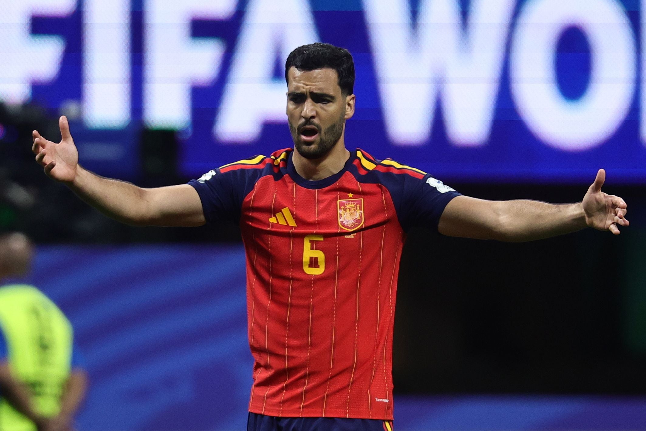 epa13039538 Mikel Merino of Spain reacts during the FIFA World Cup 2026 group stage match Spain vs Cabo Verde, in Atlanta, USA, 15 June 2026. EPA/RONALD WITTEK