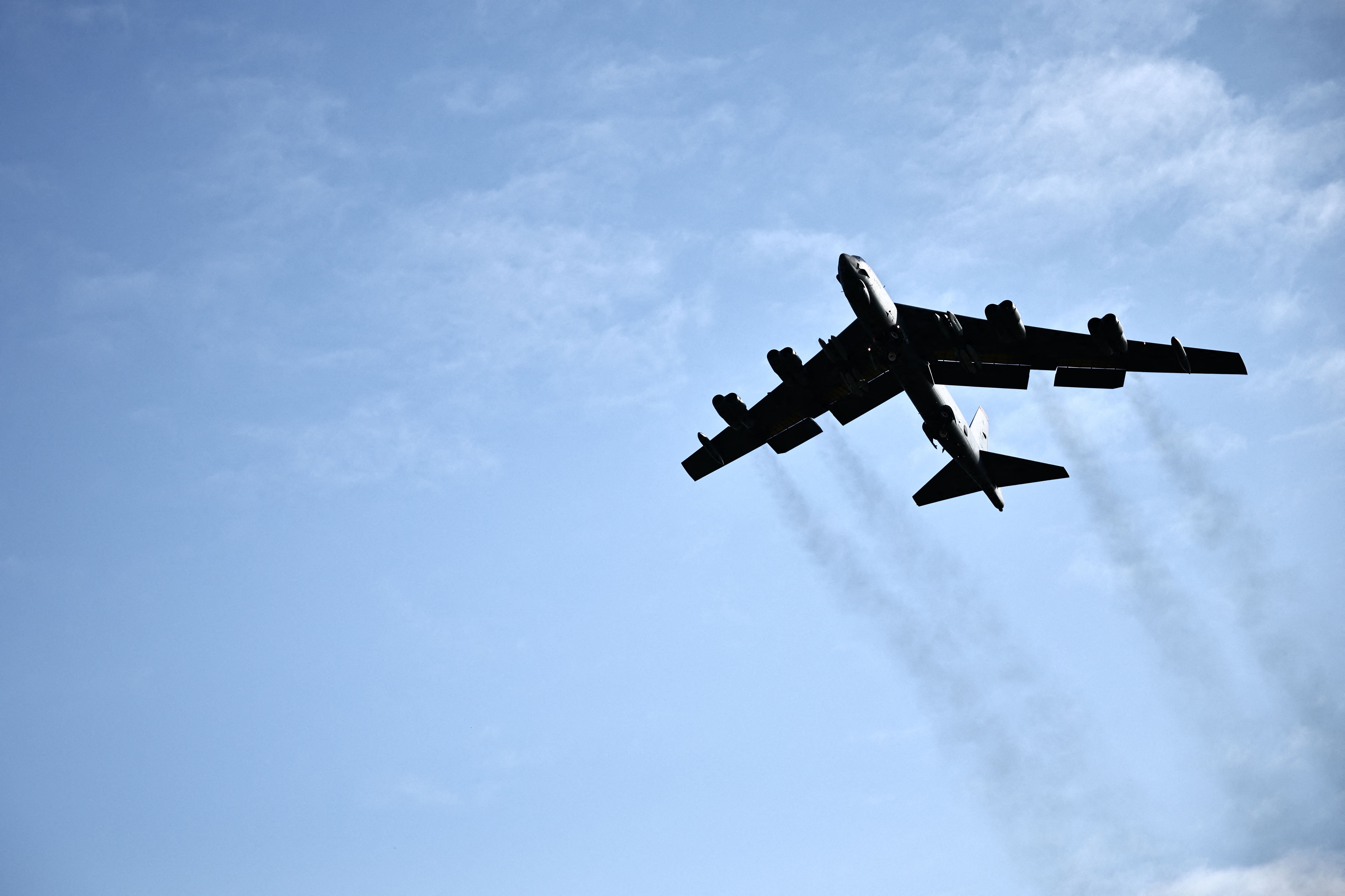(FILES) A US Air Force B-52 Stratofortress bomber takes off from RAF Fairford in south-west England on March 15, 2026. A US bomber crashed in California on June 15, 2026, the Edwards Air Force base said on social media. 'A United States Air Force B-52 Stratofortress crashed shortly after takeoff on the Edwards airfield at 11:20 a.m.,' the base wrote on Facebook. 'Emergency crews immediately responded to the scene and the situation is ongoing.' (Photo by Henry Nicholls / AFP)
