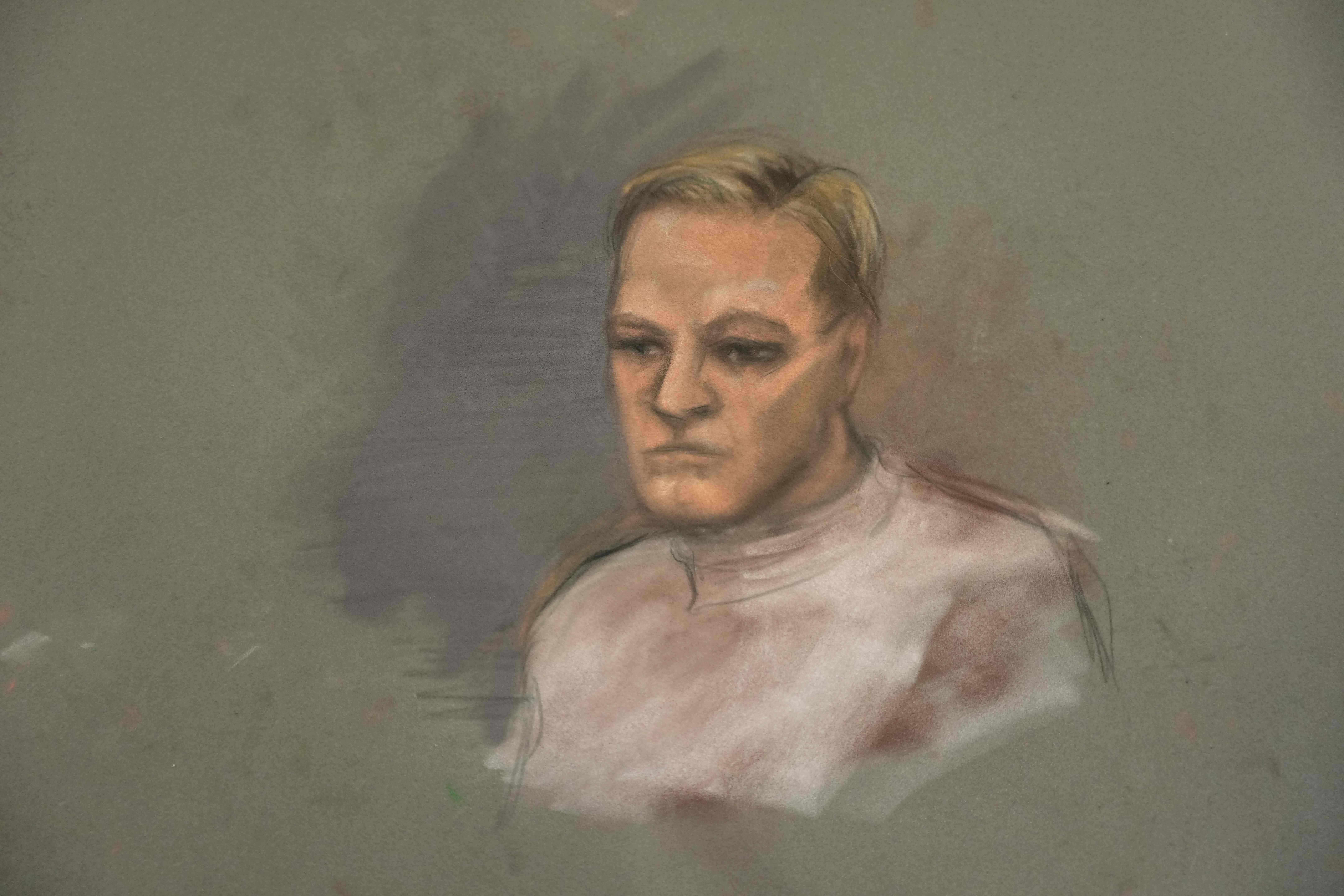 (FILES) A court sketch depicts Marius Borg Hoiby, son of Norwegian Crown Princess Mette-Marit during the first day of a trial in Oslo at the District Court on February 3, 2026. On trial for rape and assault, Marius Borg Høiby, son of Norway’s Crown Princess, will learn his fate on June 15, 2026 in a case that has tarnished the image of the monarchy. (Photo by Ane Hem / various sources / AFP) / Norway OUT