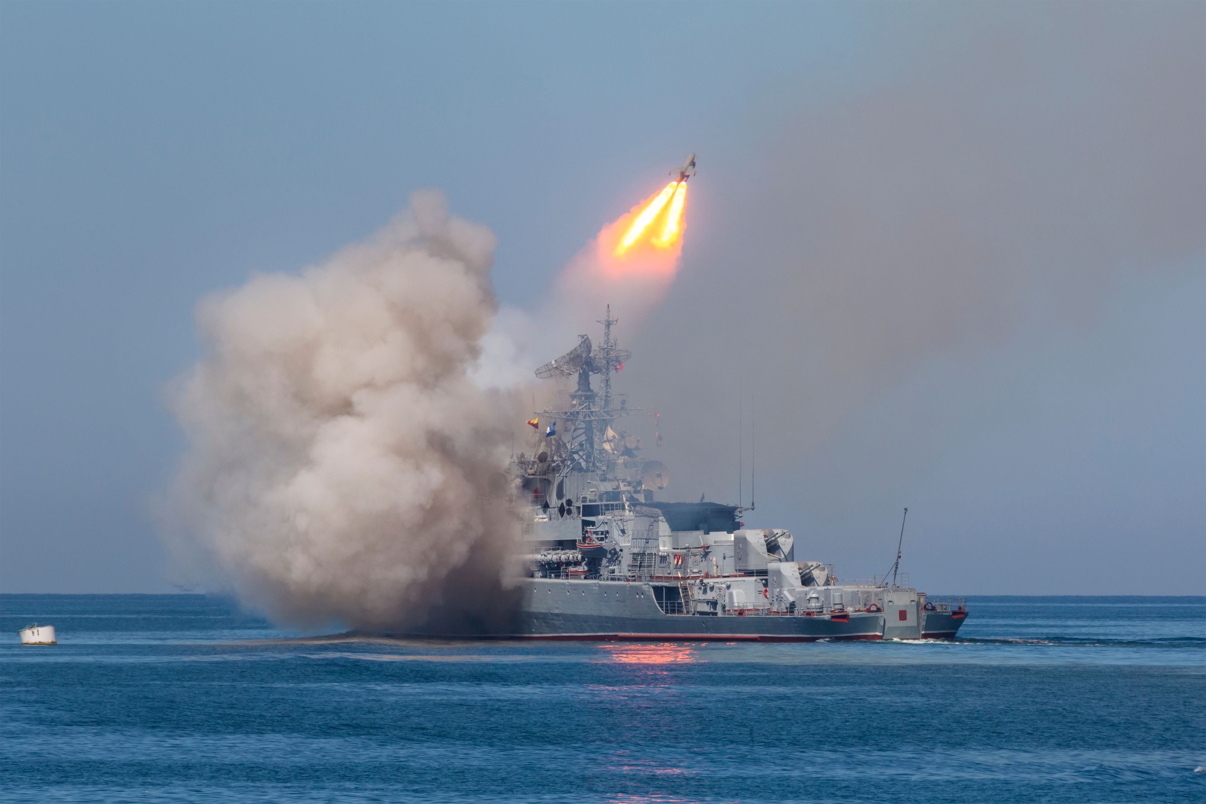 A missile frigate of the Russian Navy makes missile launch during Marine Parade on the Navy day near Sevastopol