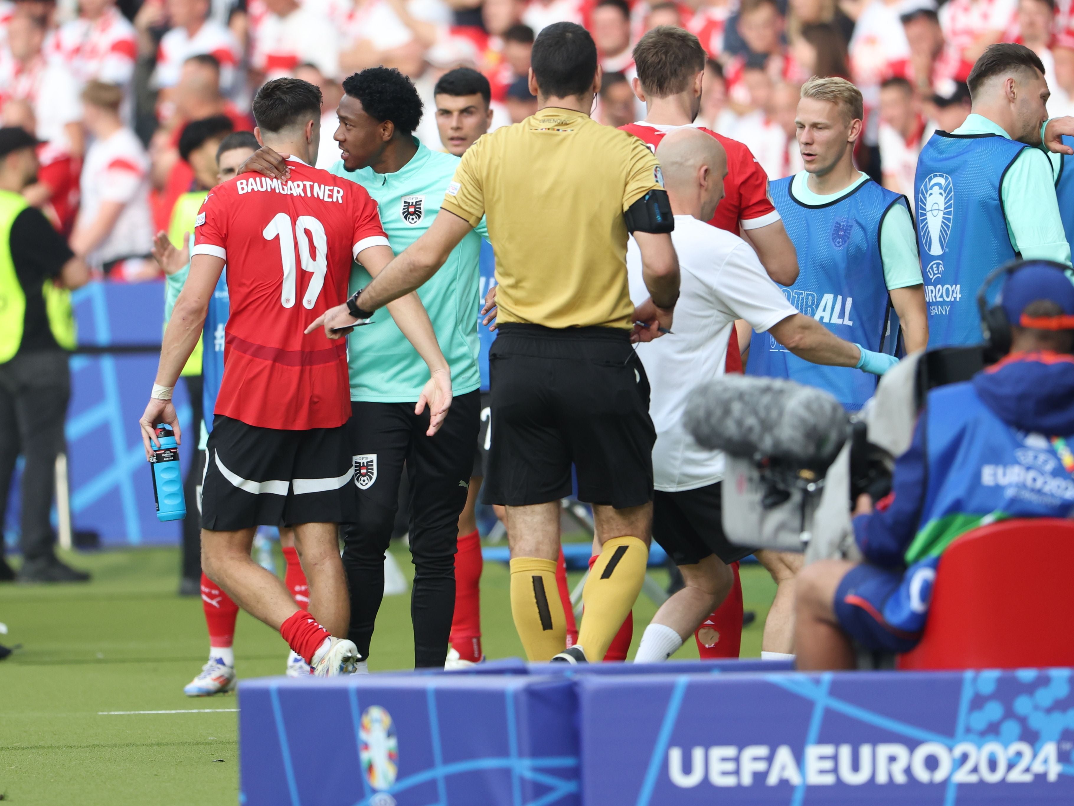 BERLIN,GERMANY,21.JUN.24 - UEFA EURO 2024, group stage, Austria vs Poland. Image shows the rejoicing of AUT with Christoph Baumgartner and David Alaba (AUT). Photo: GEPA pictures/ Armin Rauthner