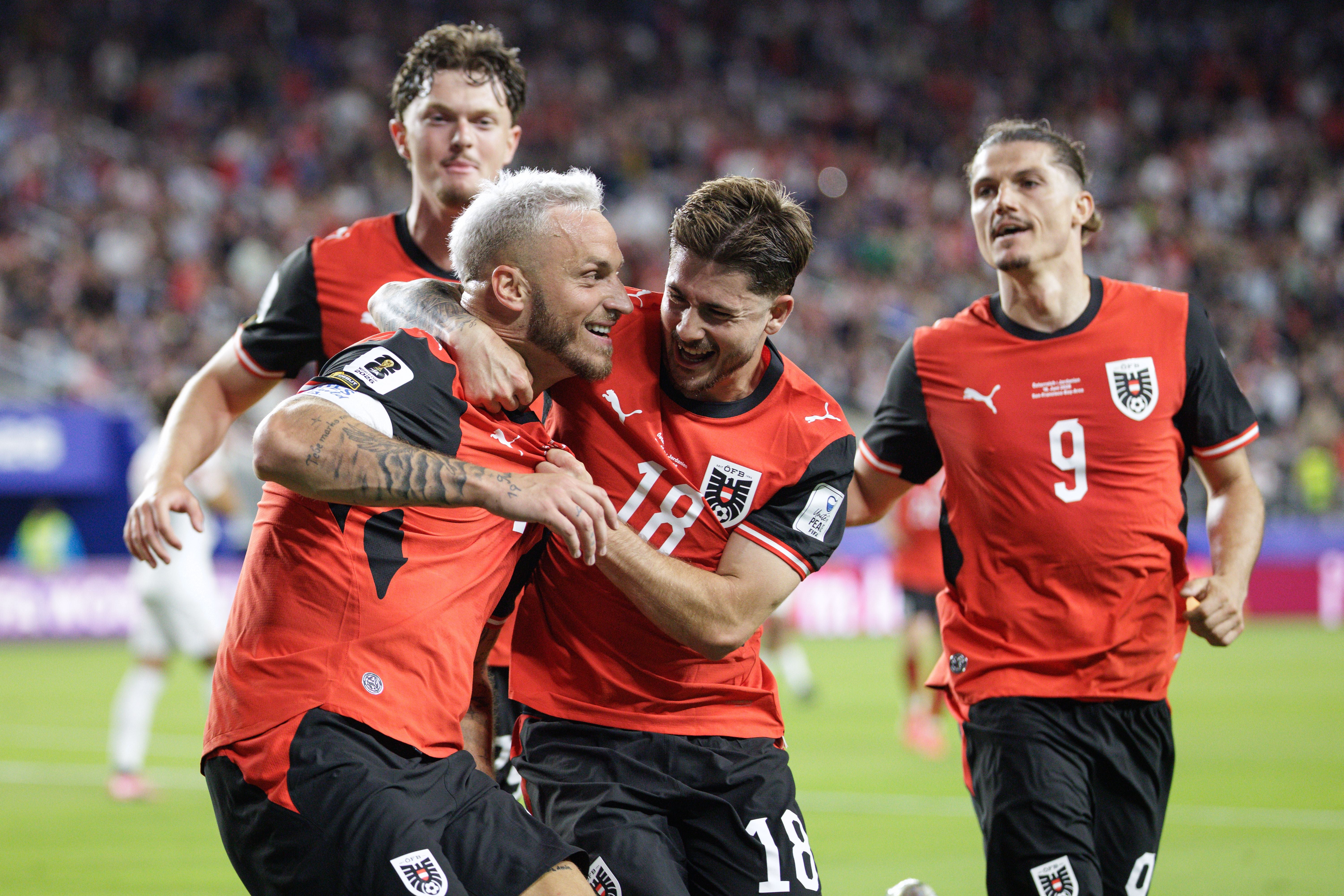 SANTA CLARA,CALIFORNIA,USA,17.JUN.26 - SOCCER - FIFA World Cup 2026, group stage, Austria vs Jordan. Image shows the rejoicing of Paul Wanner, Marko Arnautovic, Romano Schmid and Marcel Sabitzer (AUT). Photo: GEPA pictures/ Armin Rauthner