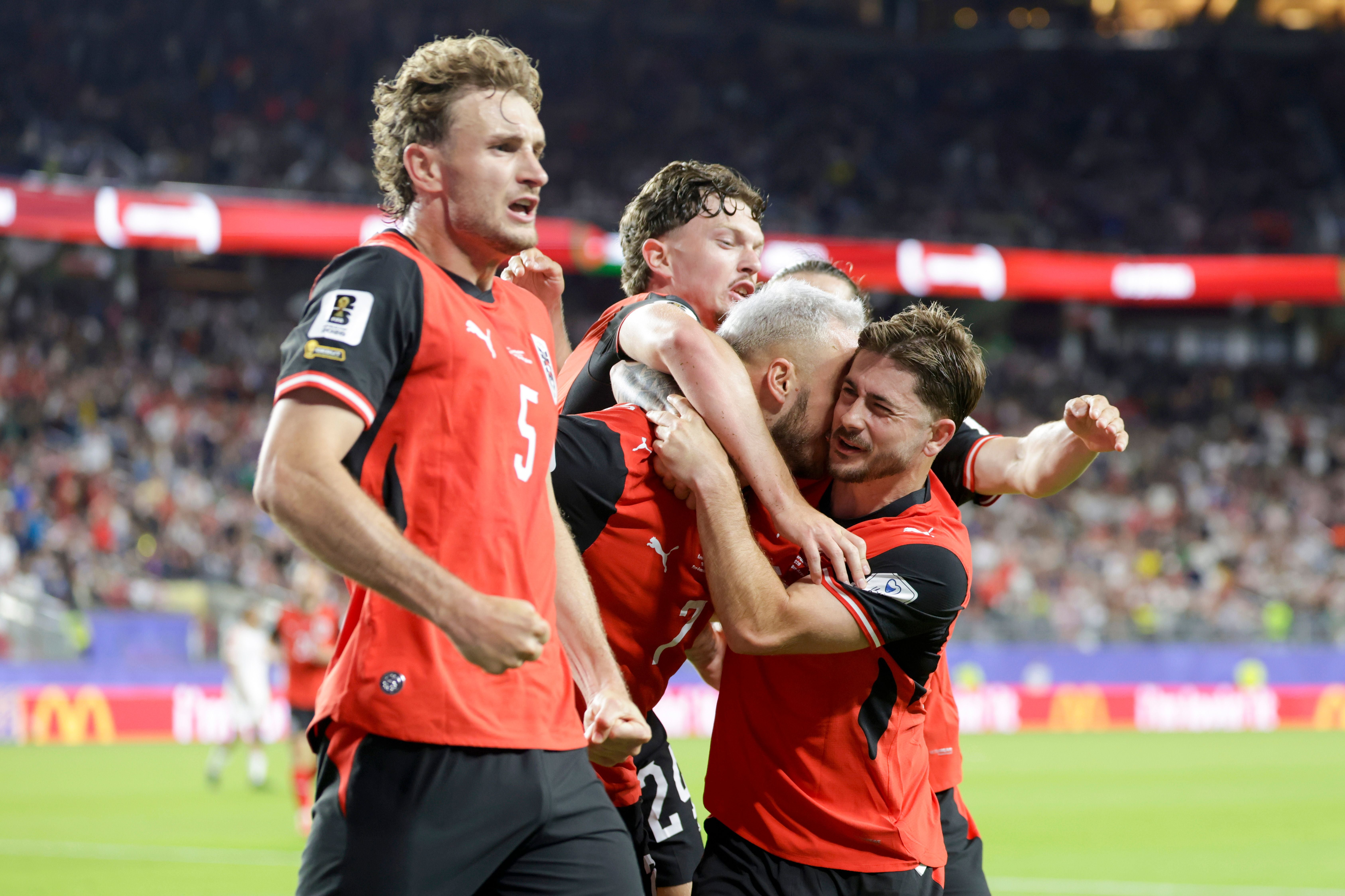 SANTA CLARA,CALIFORNIA,USA,17.JUN.26 - SOCCER - FIFA World Cup 2026, group stage, Austria vs Jordan. Image shows the rejoicing of AUT with Stefan Posch, Romano Schmid and Marko Arnautovic (AUT). Photo: GEPA pictures/ Armin Rauthner