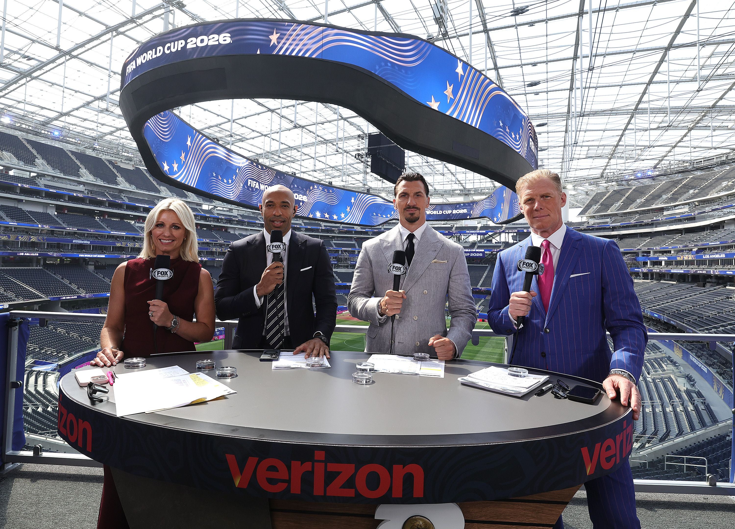 INGLEWOOD, CALIFORNIA - JUNE 11: Fox Sports announcers Rebecca Lowe, Thierry Henry, Zlatan Ibrahimovic, and Alexi Lalas during the Fox Sports FIFA World Cup Now show at SoFi Stadium on June 11, 2026 in Inglewood, California. (Photo by Frank Micelotta/Fox Sports via Getty Images)