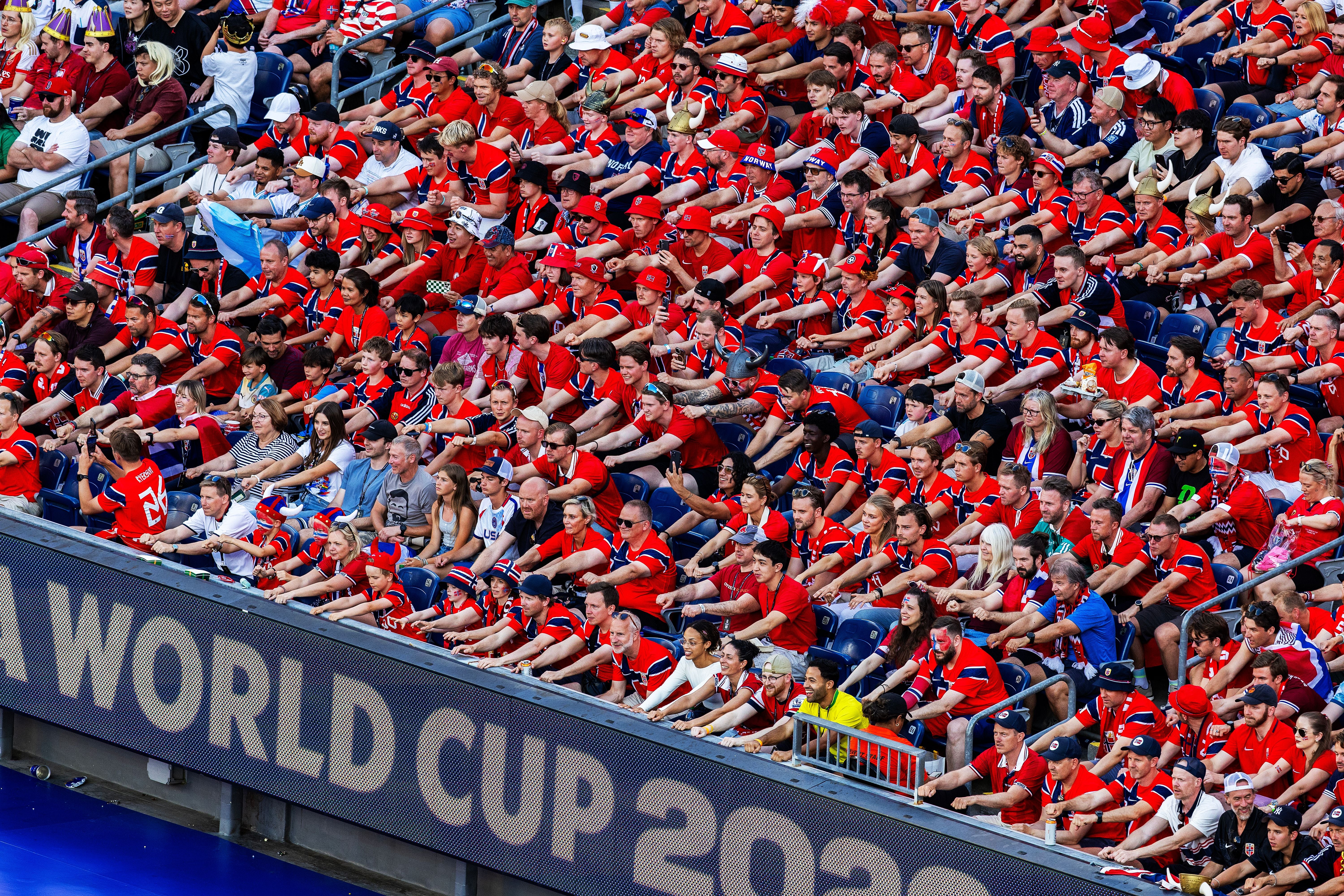 Foxborough, MA - June 16: Norway fans row together during a 2026 FIFA World Cup Group I match between Norway and Iraq at Gillette Stadium on June 16, 2026. (Photo by Stan Grossfeld/The Boston Globe via Getty Images)