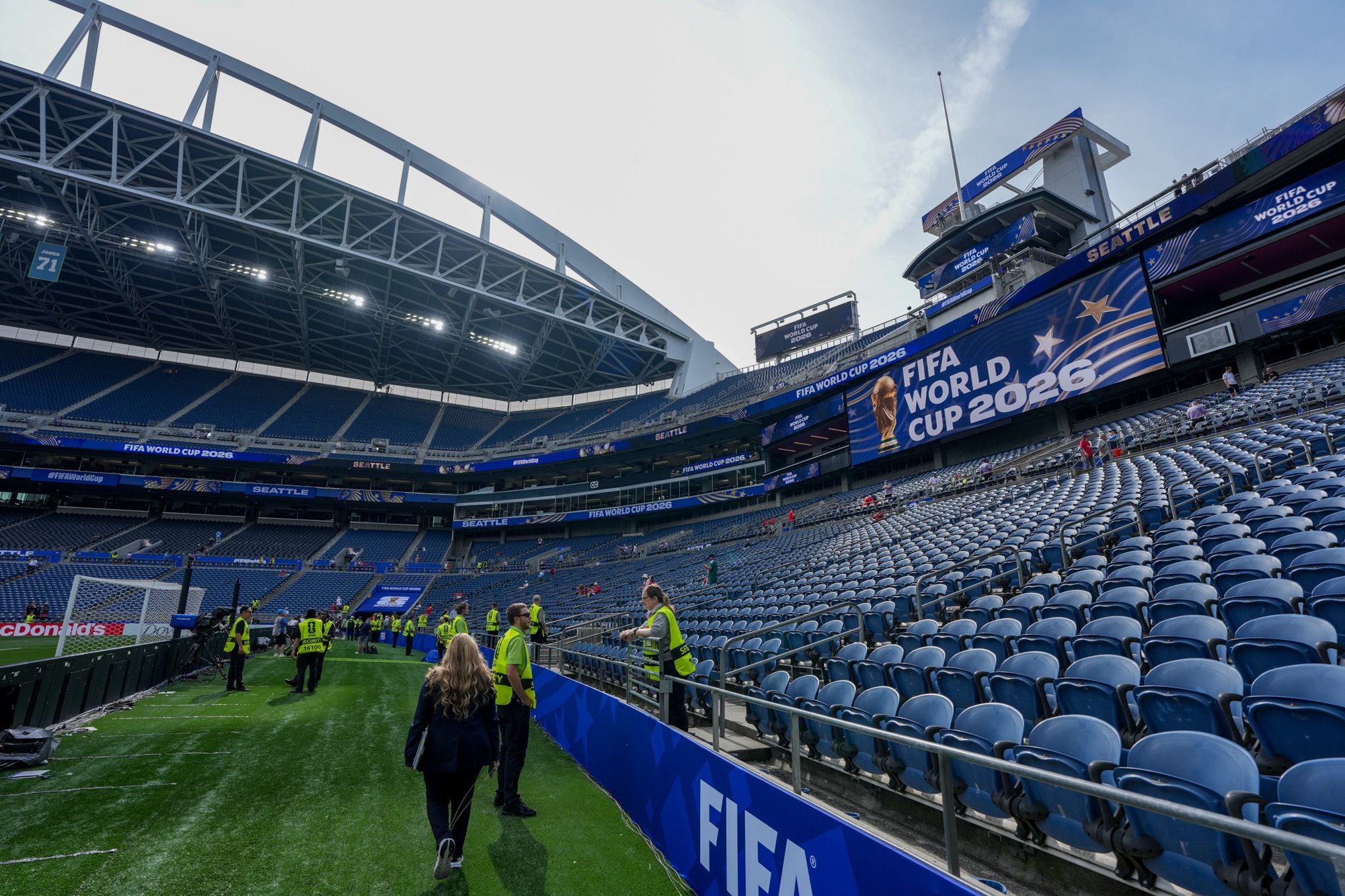 SEATTLE, UNITED STATES - JUNE 15: A general view of Lumen Field ahead of the 2026 FIFA World Cup Group G match between Belgium and Egypt in Seattle, Washington, United States, on June 15, 2026. Security personnel and early-arriving spectators are seen inside the stadium before kickoff. (Photo by Ercin Erturk/Anadolu via Getty Images)
