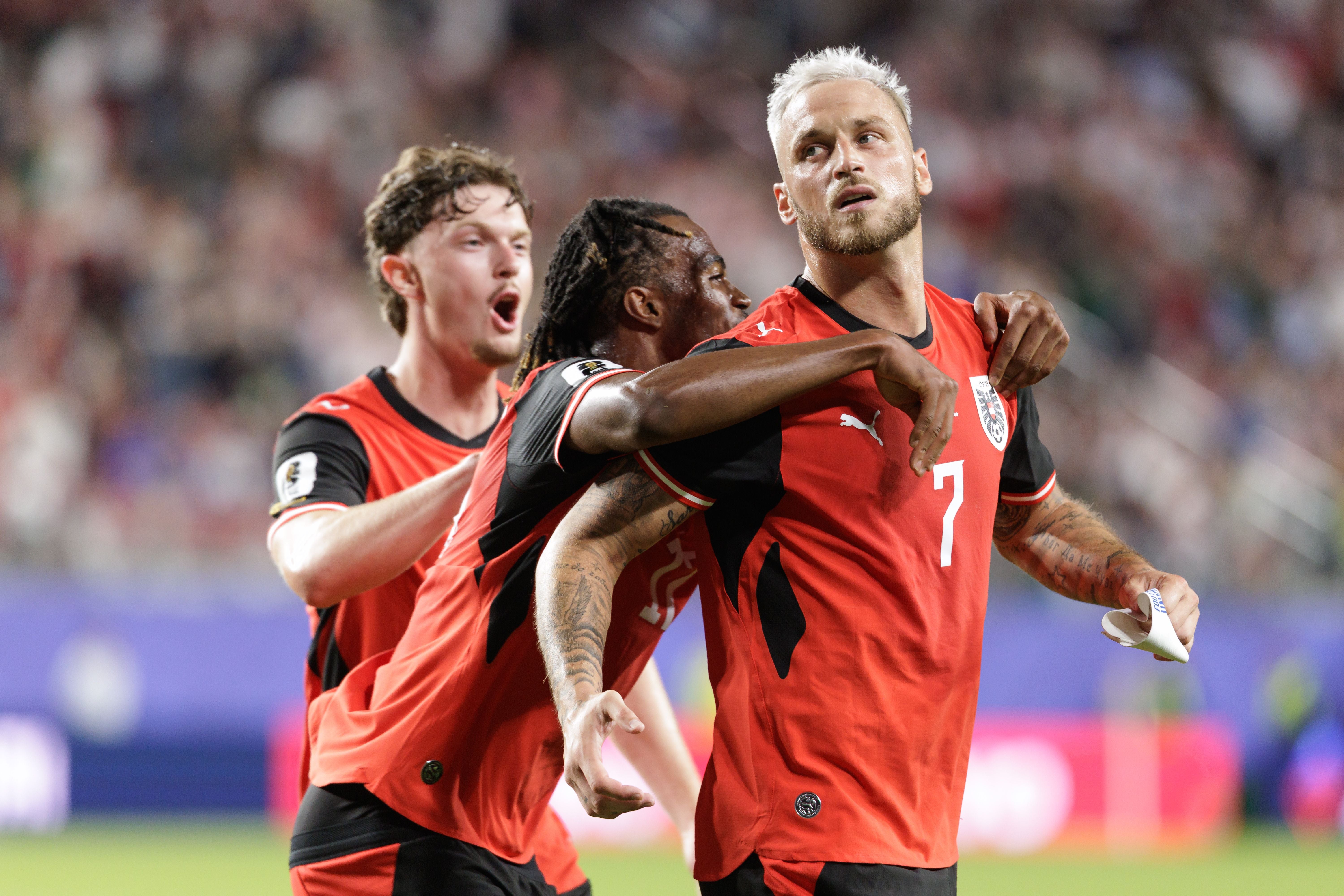 SANTA CLARA,CALIFORNIA,USA,17.JUN.26 - SOCCER - FIFA World Cup 2026, group stage, Austria vs Jordan. Image shows the rejoicing of Paul Wanner, Carney Chukwuemeka and Marko Arnautovic (AUT). Photo: GEPA pictures/ Armin Rauthner