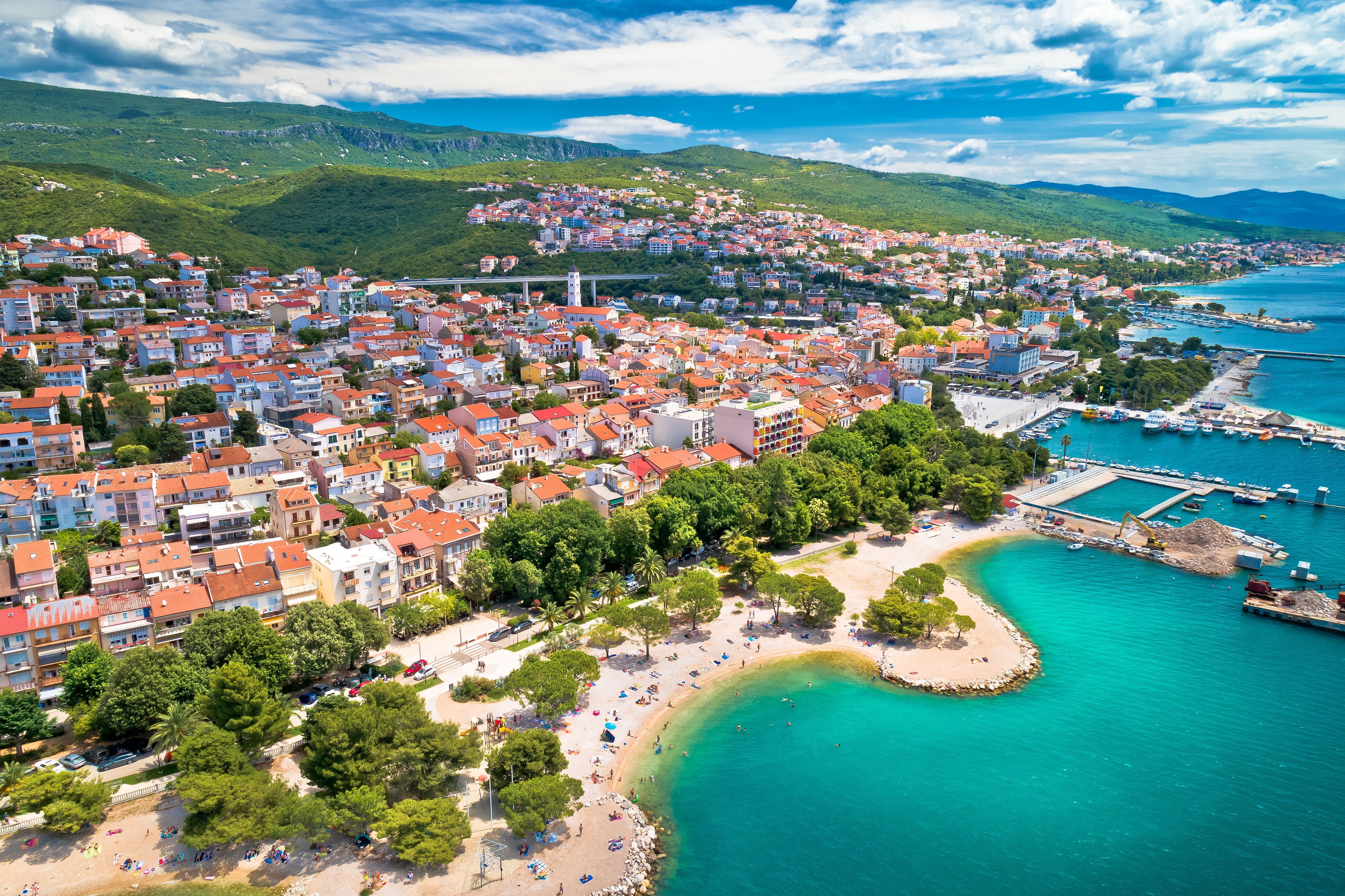 Crikvenica. Town on Adriatic sea waterfront aerial view. Kvarner bay region of Croatia
