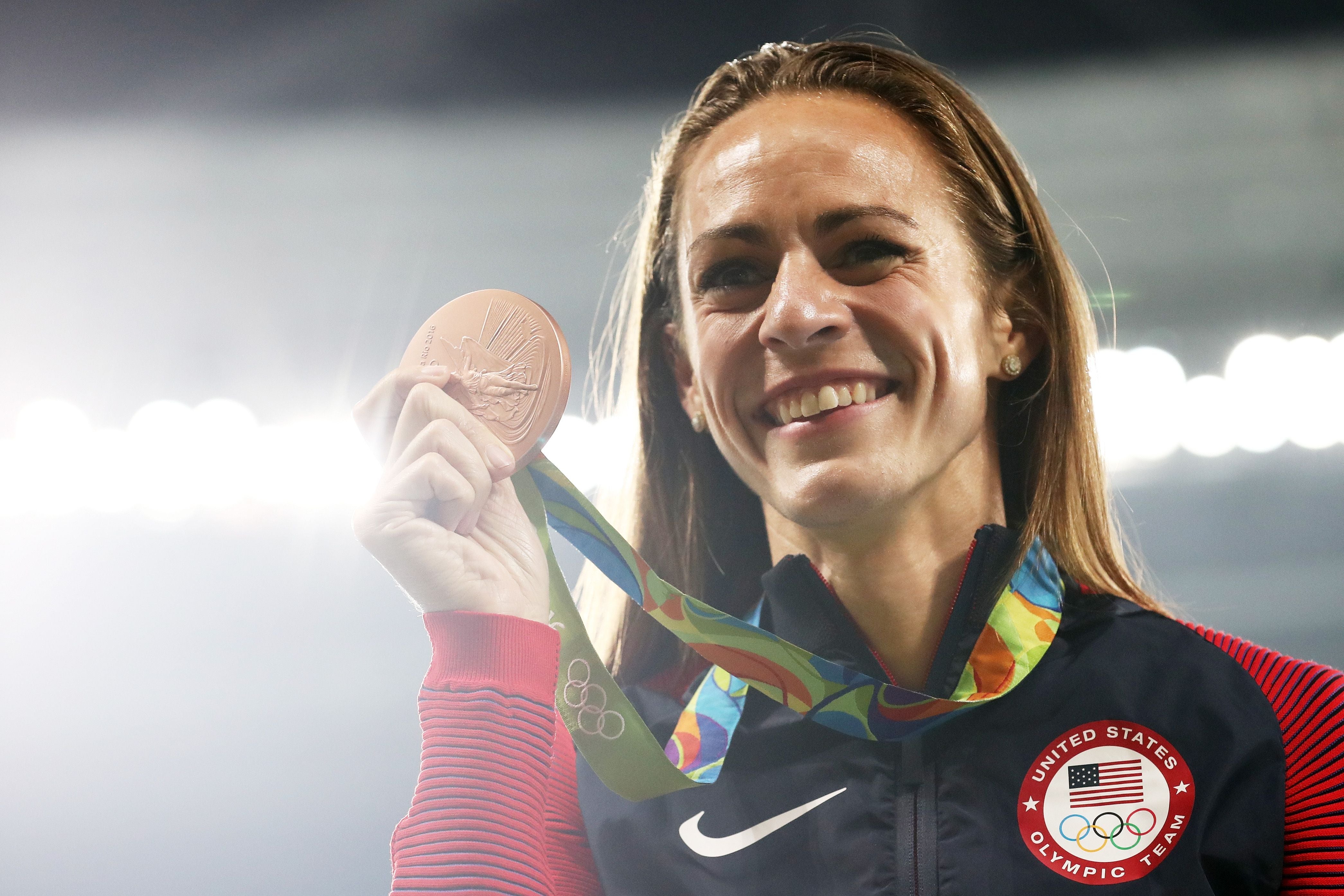 RIO DE JANEIRO, BRAZIL - AUGUST 17: Bronze medalist Jennifer Simpson of the United States poses during the medal ceremony for the Women's 1500m Final on Day 12 of the Rio 2016 Olympic Games at the Olympic Stadium on August 17, 2016 in Rio de Janeiro, Brazil. (Photo by Julian Finney/Getty Images)