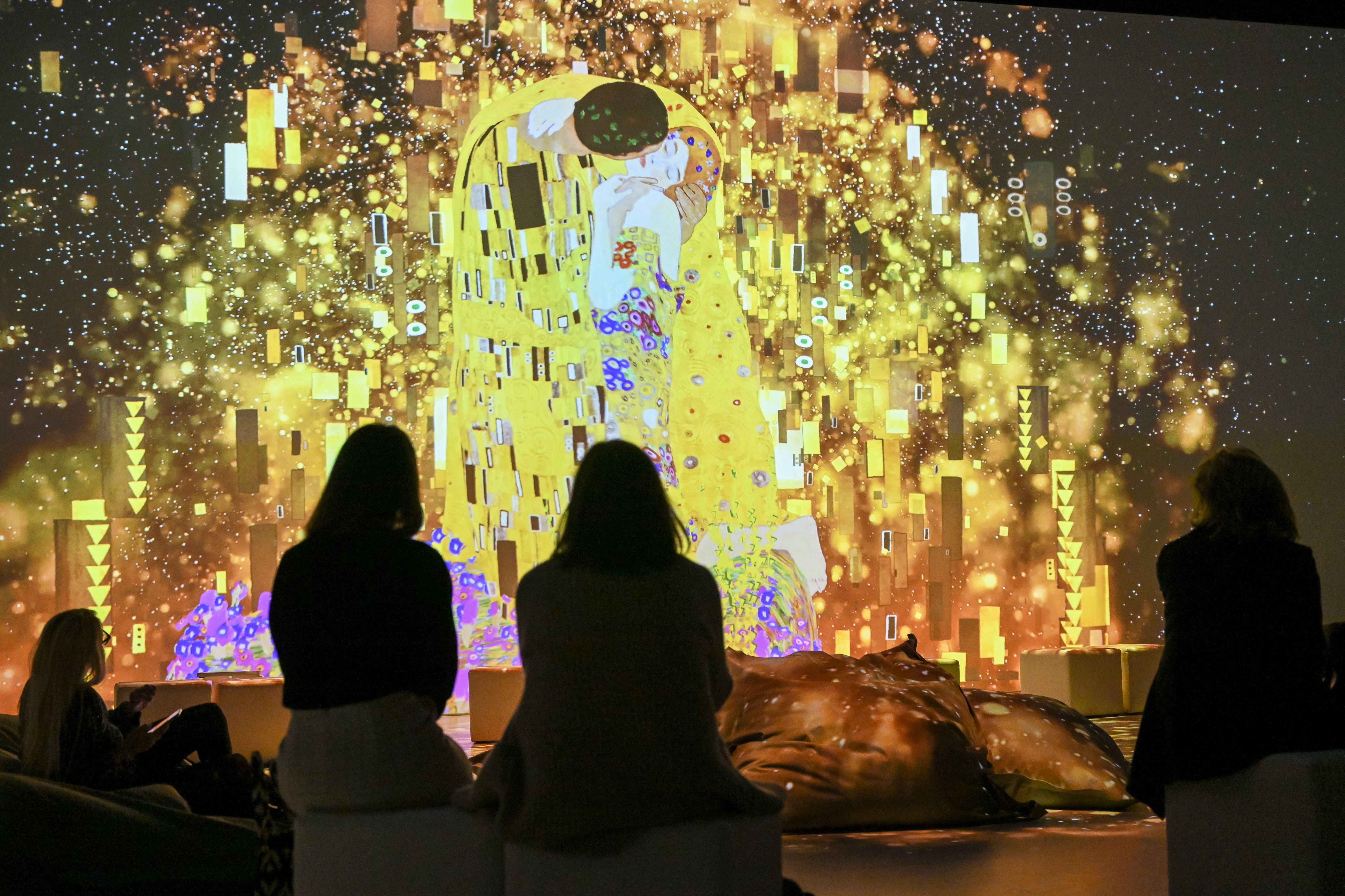 MUNICH, GERMANY - MARCH 14: General view during the press preview of the multimedia exhibition "Klimts Kuss - Spiel mit dem Feuer" by Gustav Klimt at Utopia on March 14, 2023 in Munich, Germany. (Photo by Hannes Magerstaedt/Getty Images)