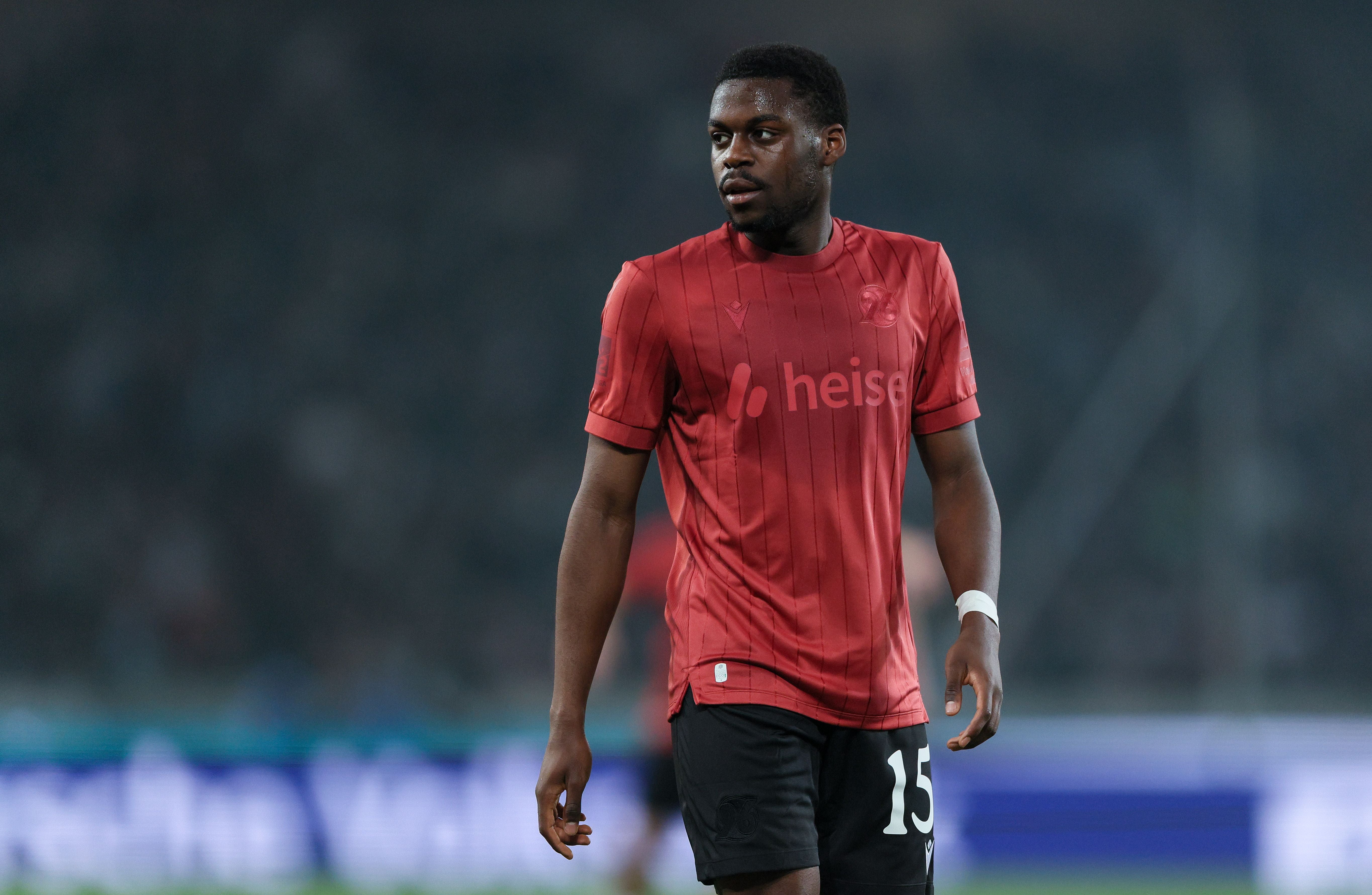 HANOVER, GERMANY - APRIL 18: Noel Aseko of Hannover looks on during the 2. Bundesliga match between Hannover 96 and SC Paderborn 07 at HDI-Arena on April 18, 2026 in Hanover, Germany. (Photo by Selim Sudheimer/Getty Images)
