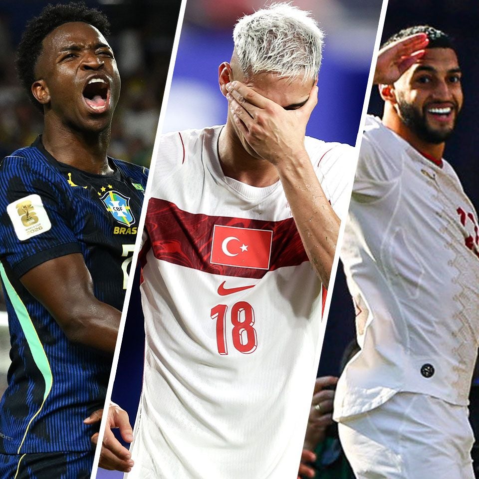 Drei Fußballspieler aus Brasilien, der Türkei und einer weiteren Nation, Gesichter unkenntlich gemacht.