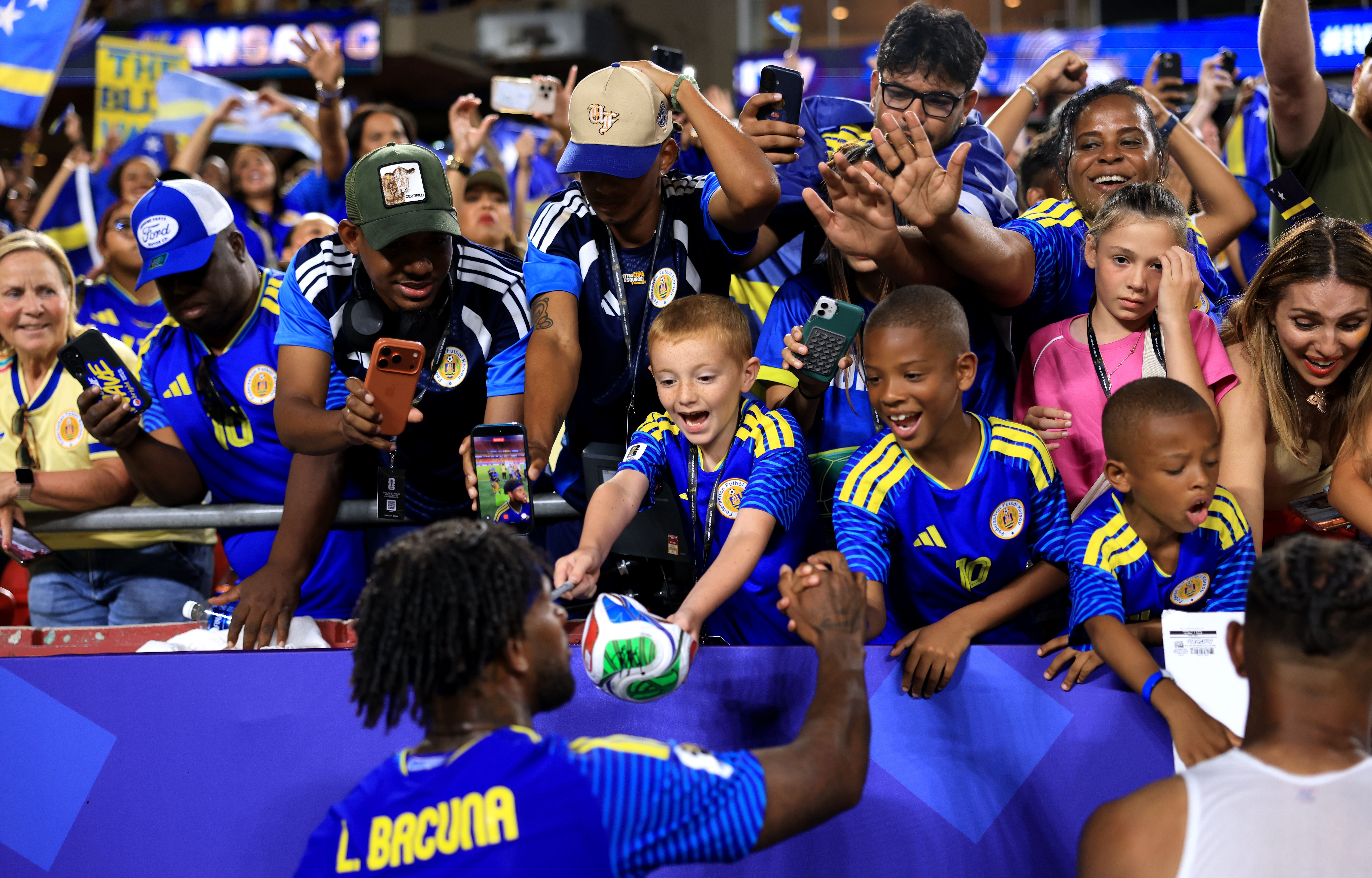 KANSAS CITY, MISSOURI - JUNE 20: Leandro Bacuna #10 of Curacao interacts with fans after the 0-0 draw during the FIFA World Cup 2026 Group E match between Ecuador and Curacao at Kansas City Stadium on June 20, 2026 in Kansas City, Missouri. (Photo by Maja Hitij - FIFA/FIFA via Getty Images)