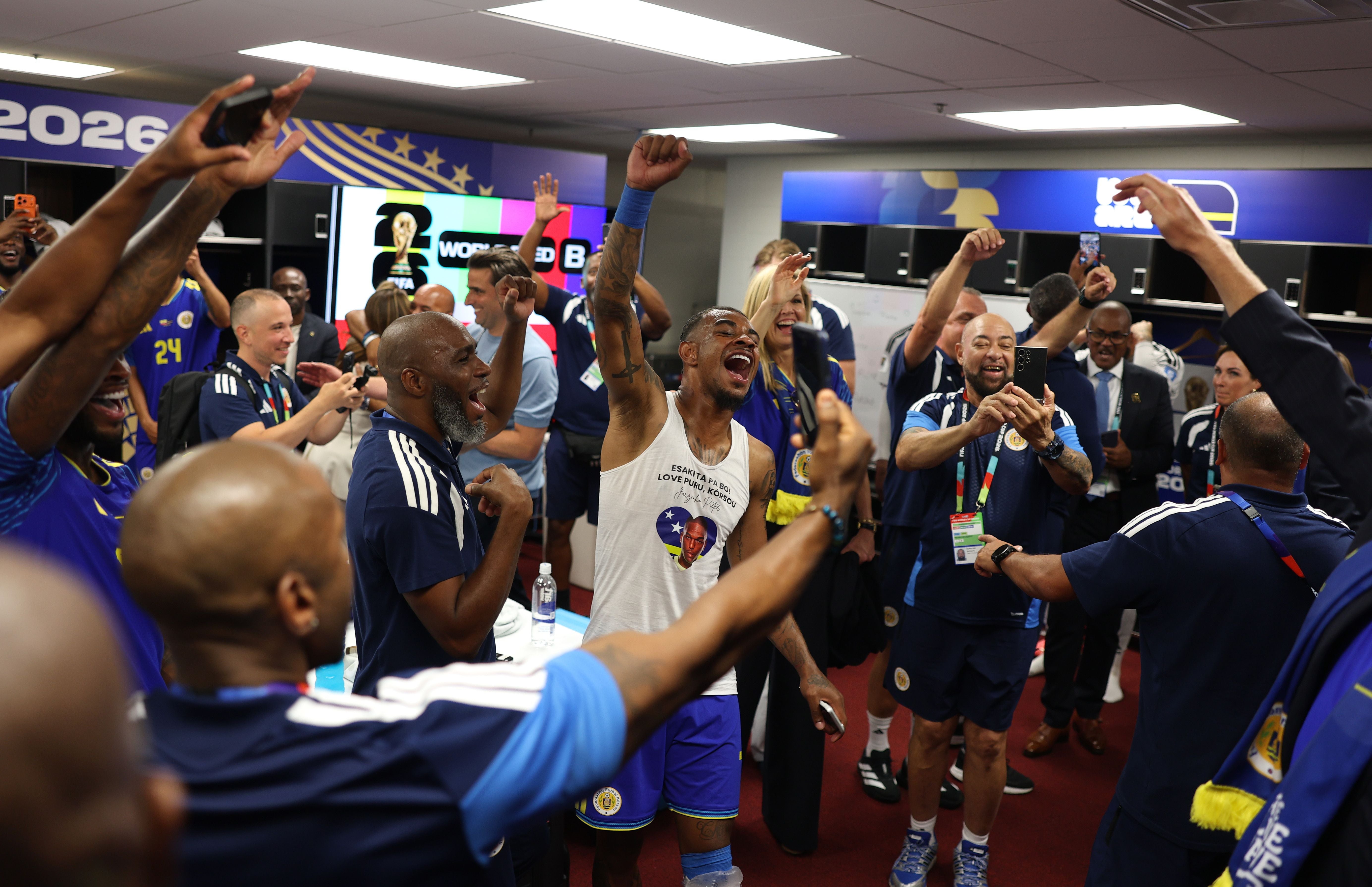 KANSAS CITY, MISSOURI - JUNE 20: Juninho Bacuna #7 of Curacao reacts with teammates in the dressing room after the 0-0 draw during the FIFA World Cup 2026 Group E match between Ecuador and Curacao at Kansas City Stadium on June 20, 2026 in Kansas City, Missouri. (Photo by Alex Pantling - FIFA/FIFA via Getty Images)