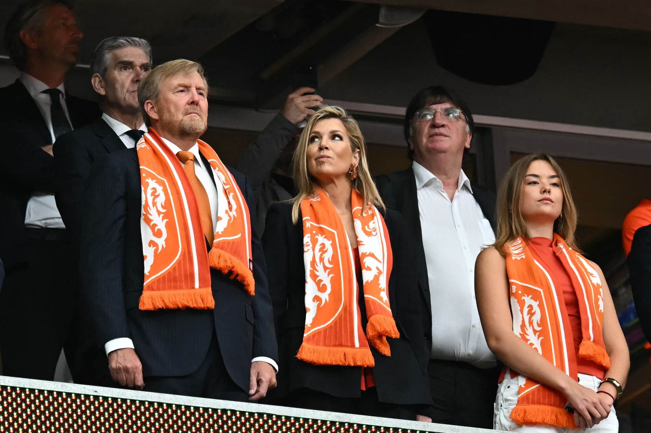(From L) King Willem-Alexander of the Netherlands, Queen Maxima the Netherlands Maxima, and Princess Ariane of the Netherlands attend the 2026 World Cup Group F football match between the Netherlands and Sweden at the Houston Stadium in Houston on June 20, 2026. (Photo by Paul ELLIS / AFP)