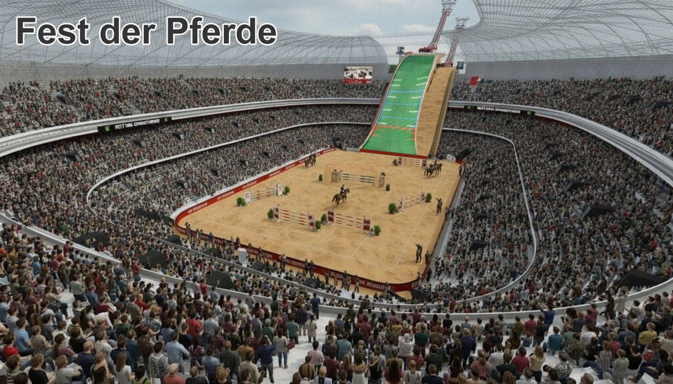 Große Arena mit vielen Zuschauern und Reitern auf Pferden, darüber steht „Fest der Pferde“.