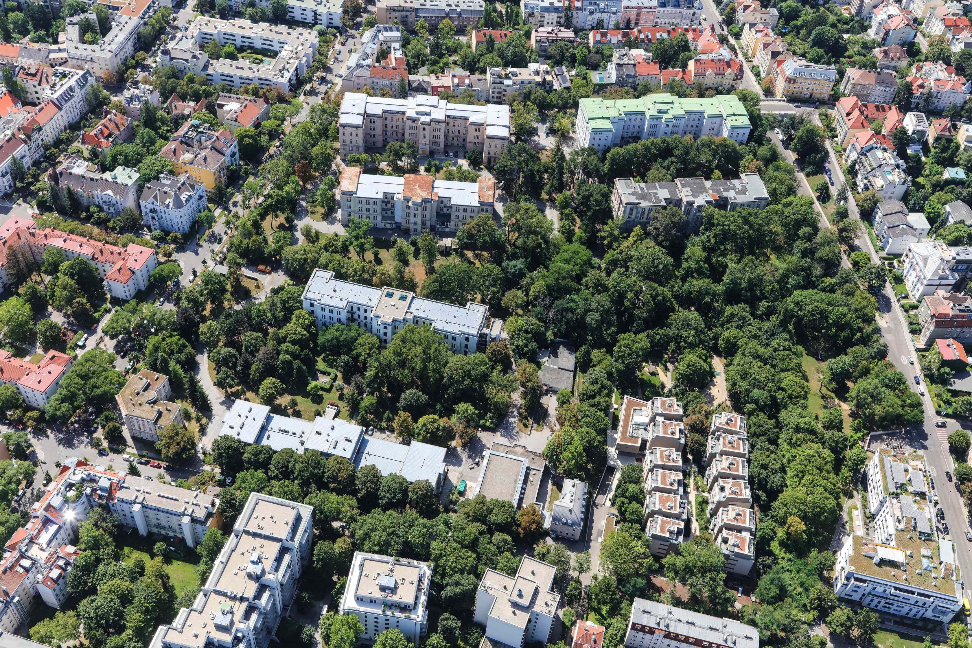 Luftaufnahme von Währing mit vielen Bäumen, Parks und umliegenden Wohngebäuden.