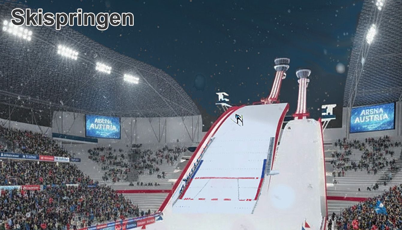 Skisprungschanze bei Nacht in einer vollen Arena mit dem Schriftzug "Skispringen".