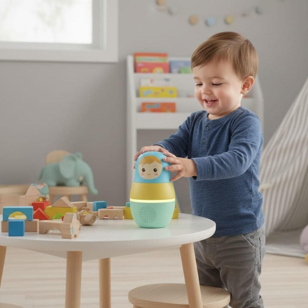 Kind spielt an einem Tisch mit dem sprachgesteuerten Lernspielzeug Plappi in einem Kinderzimmer.