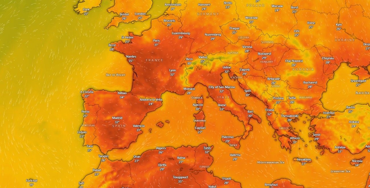 Karte von Europa mit Temperaturen, die vielerorts über 30 Grad Celsius anzeigen.