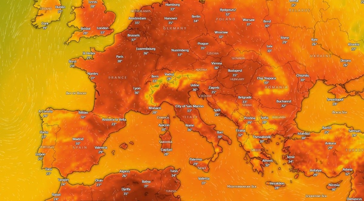 Hitzekarte von Europa mit Temperaturen zwischen 19°C und 39°C in verschiedenen Städten.