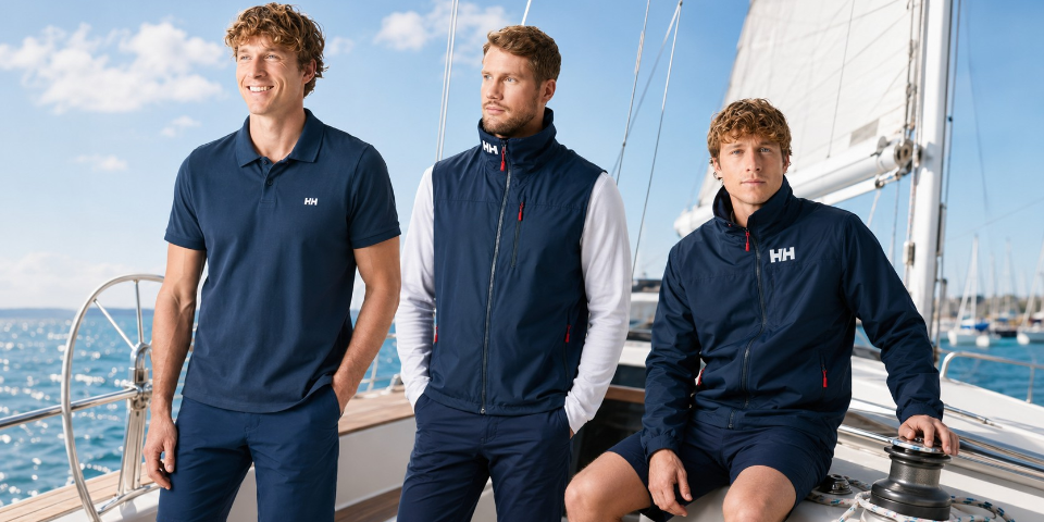 Drei junge Männer in blauer Helly Hansen-Bekleidung auf einem Segelschiff in einer Hafen-Einfahrt.