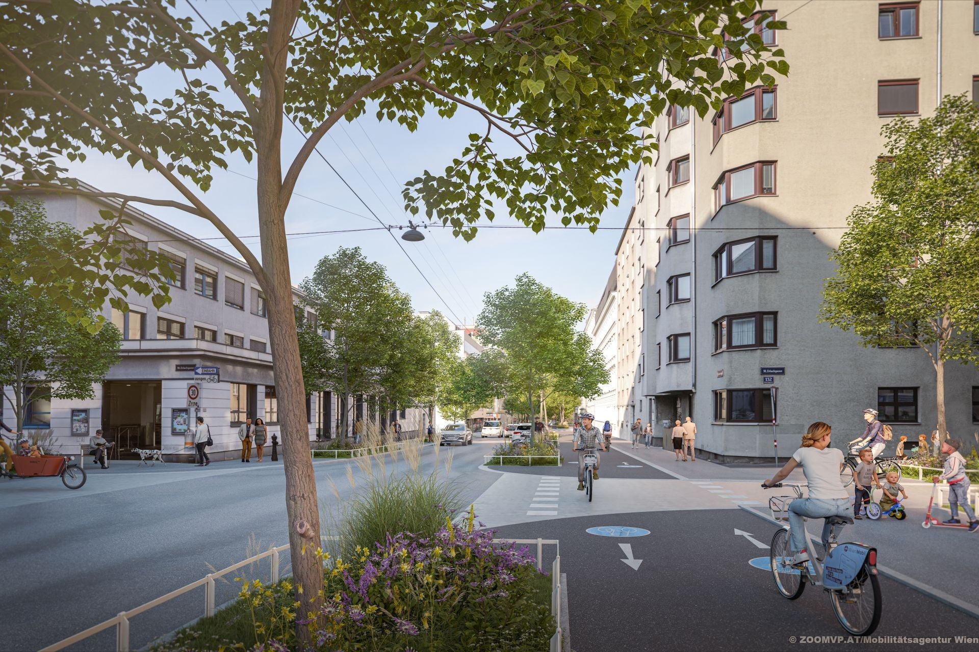 Visualisierung einer begrünten Straße mit Radweg, Fußgängern, Radfahrern und Kindern in der Neilreichgasse.