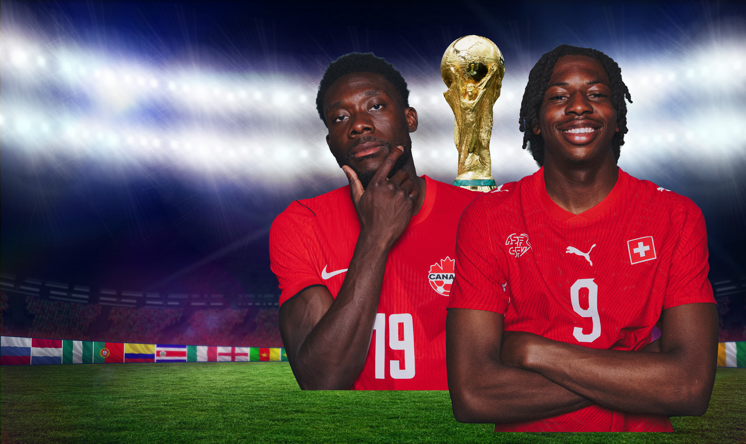 Zwei Fußballspieler aus der Schweiz und Kanada stehen vor dem WM-Pokal im Stadion.