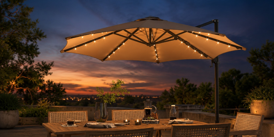Beleuchteter Sonnenschirm auf einer Terrasse über die sich ein spätsommerlicher Sonnenuntergang und die Dunkelheit einer warmen Nacht gelegt hat.
