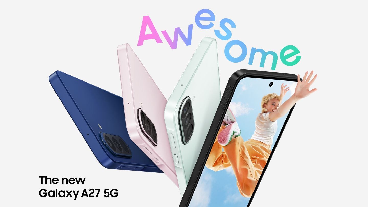 Vier Samsung Galaxy A27 5G Smartphones in verschiedenen Farben und der Schriftzug "Awesome" darüber.