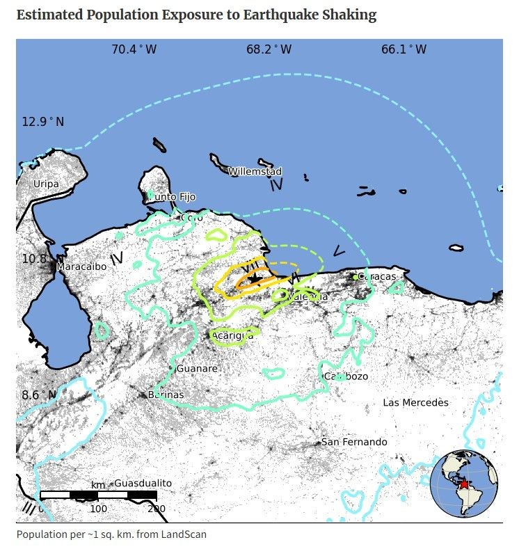 US-Erdbebenwarte USGS: Karte Nordvenezuelas mit eingezeichneten Zonen der Erdbebenerschütterung und betroffener Bevölkerung.