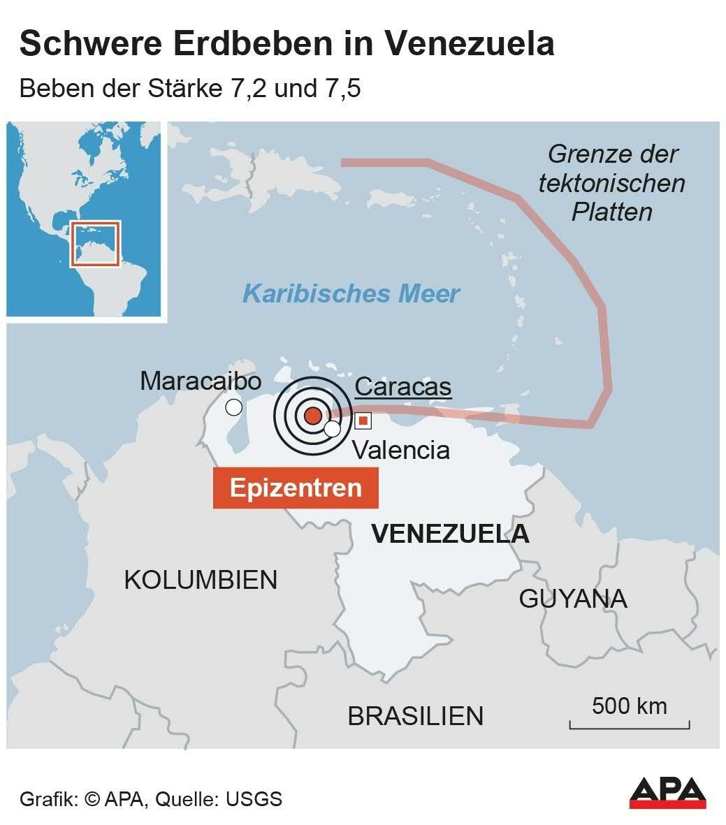 Karte von Venezuela mit markierten Epizentren schwerer Erdbeben nahe Caracas und Valencia.