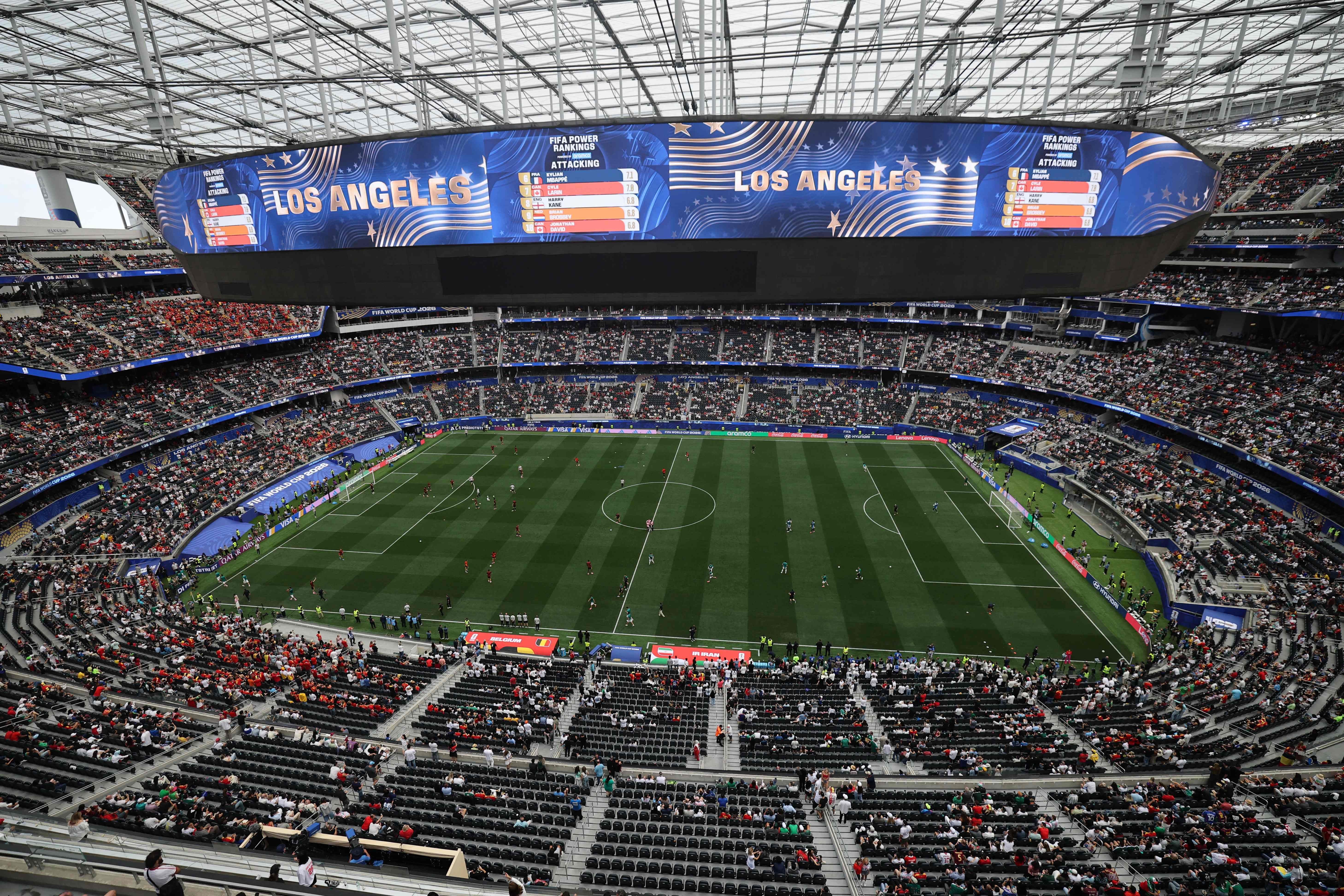 This general view shows the stadium during the warm-up ahead of the 2026 World Cup Group G football match between Belgium and Iran at the Los Angeles Stadium in Inglewood on June 21, 2026. (Photo by Etienne Laurent / AFP)