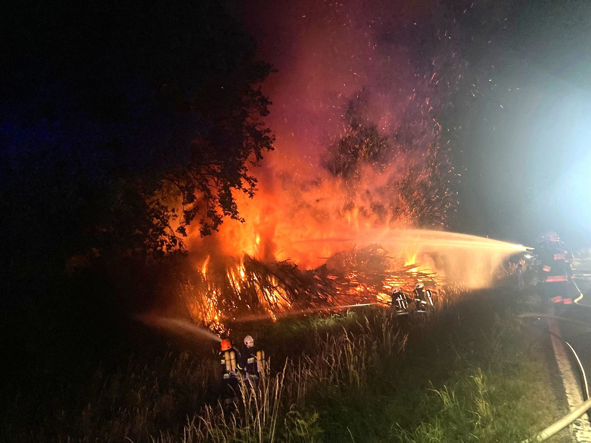 Feuerwehrleute löschen nachts einen großen Brand in einem Waldstück mit Wasserschläuchen.