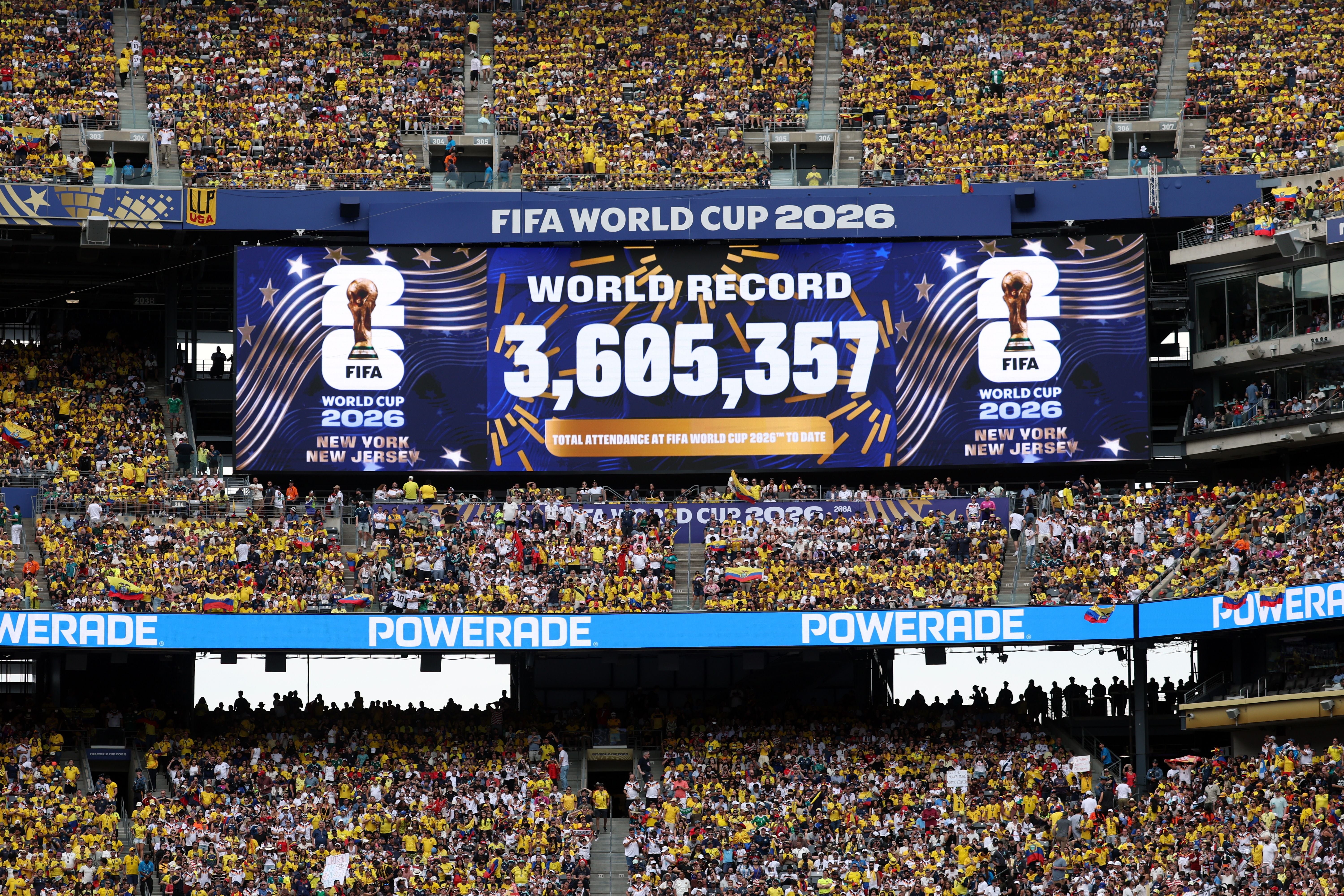 Anzeigetafel mit Weltrekord von 3.605.357 Zuschauern bei der WM 2026 im Stadion in New Jersey.