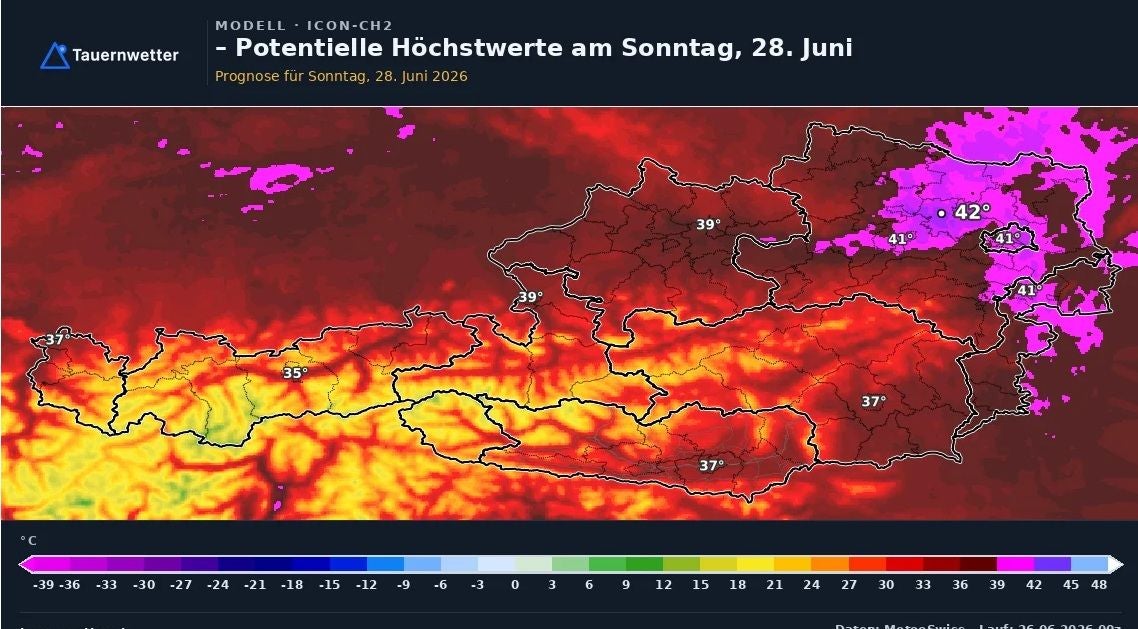 Wetterkarte zeigt prognostizierte Höchsttemperaturen bis 42°C in Österreich am 28. Juni 2026.